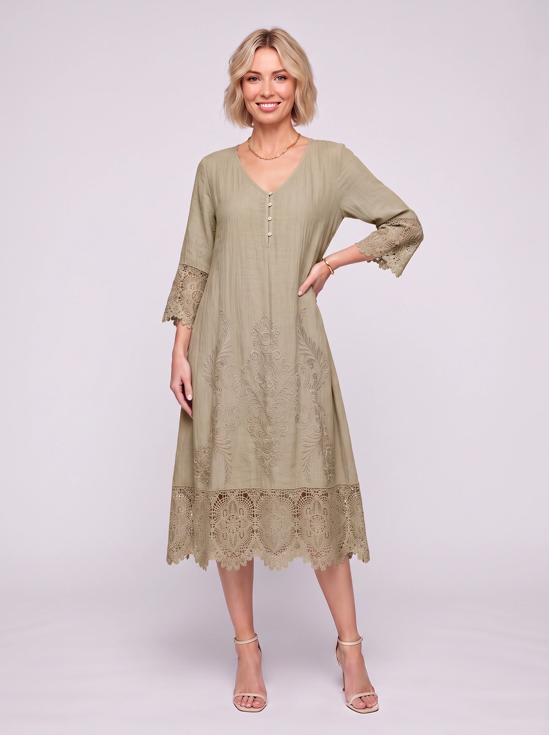 Brodelle Embroidered Lace Trim Midi Dress – Women Formal Wedding Guest Elegant Long Sleeve Summer Midi Dress