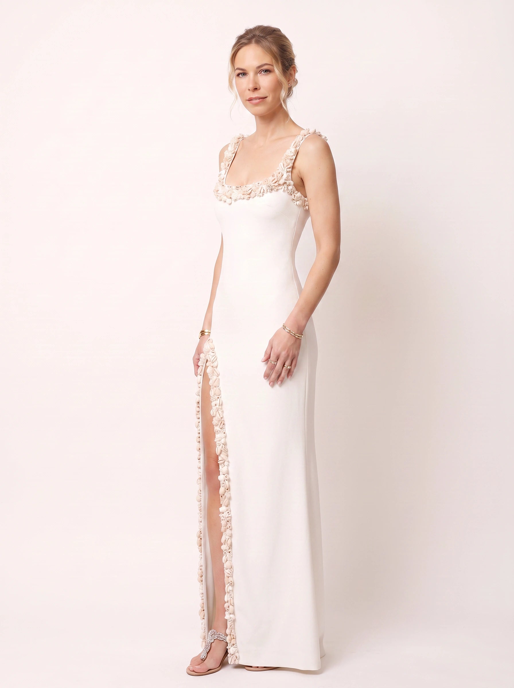 Florenne Petal Trim Slit Maxi Dress – Maxi Dress Women Formal Wedding Guest Evening Sequin Embellished Sleeveless
