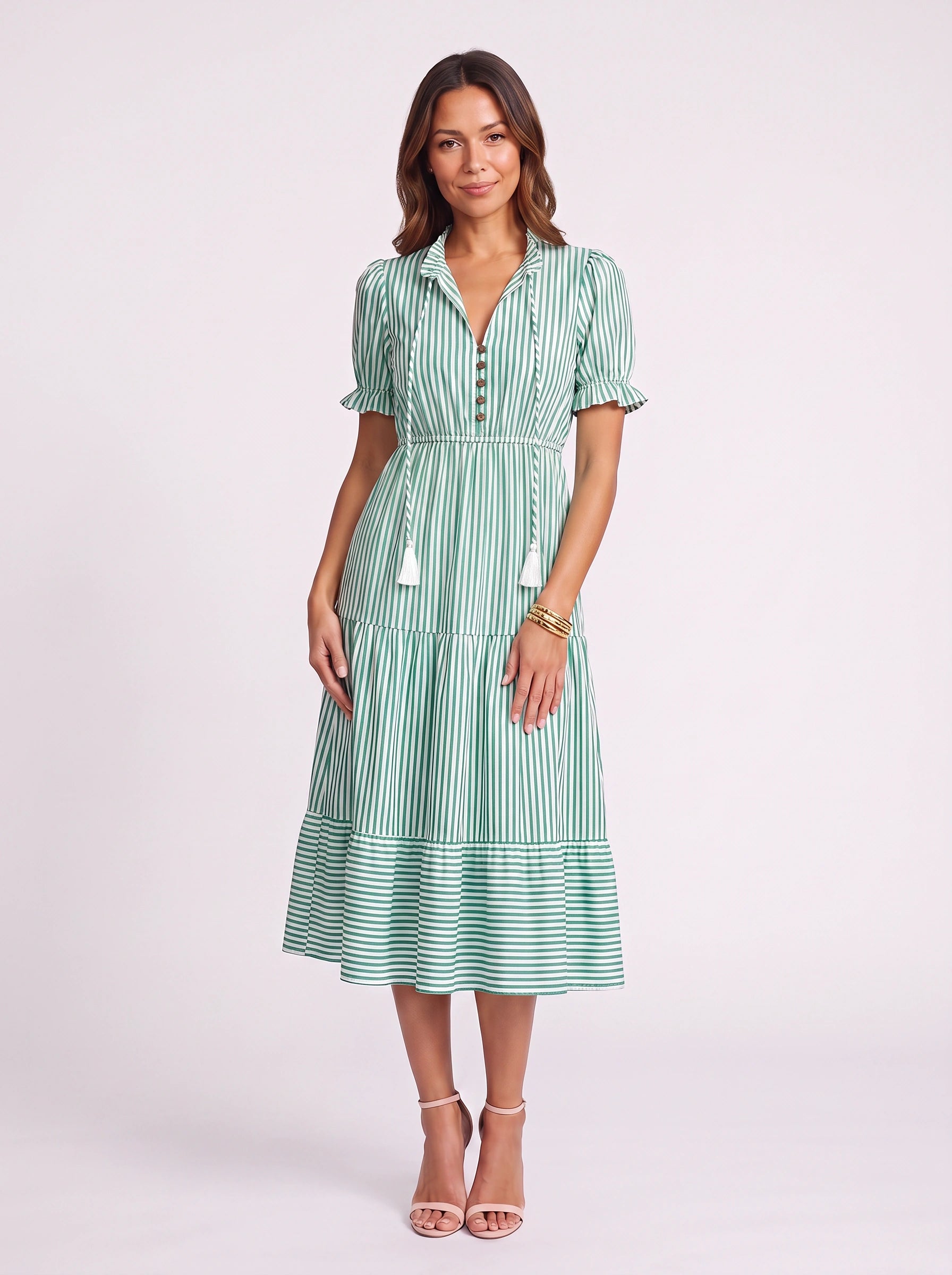 Rigatta Striped Collar Midi Dress – Button Front Tiered Summer Sundress Women Vacation Casual Midi Dress