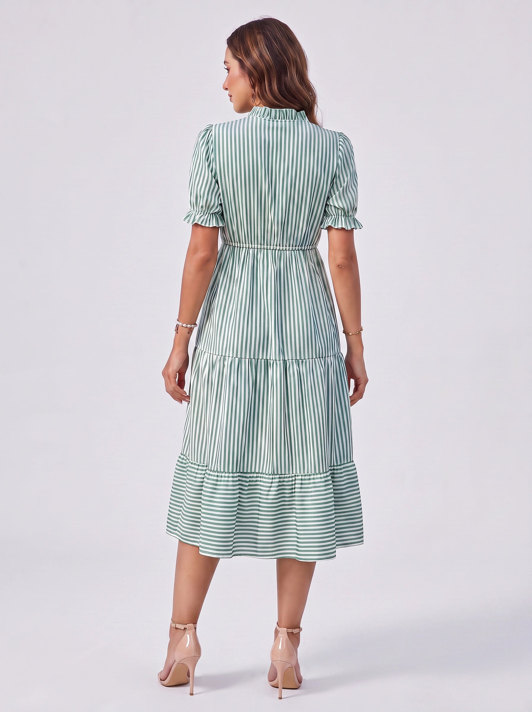 Rigatta Striped Collar Midi Dress – Button Front Tiered Summer Sundress Women Vacation Casual Midi Dress
