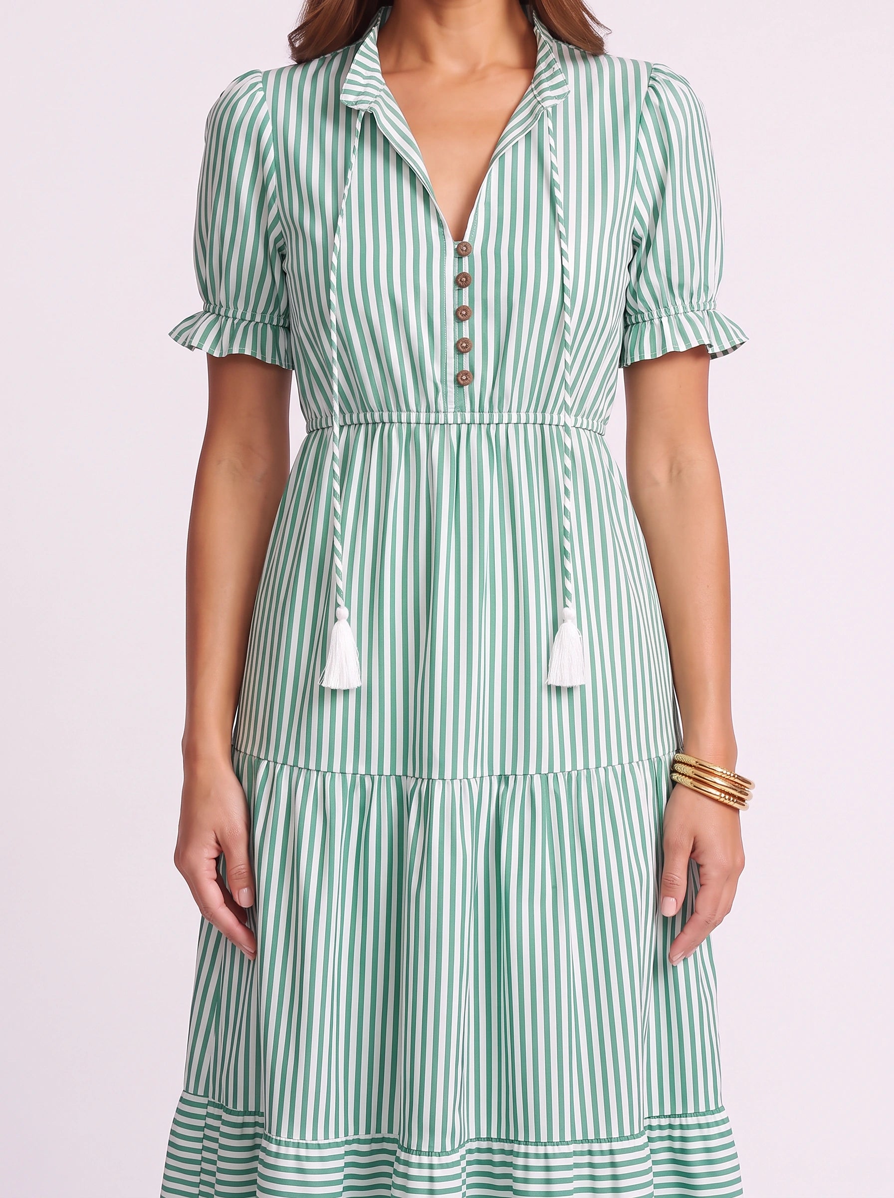Rigatta Striped Collar Midi Dress – Button Front Tiered Summer Sundress Women Vacation Casual Midi Dress