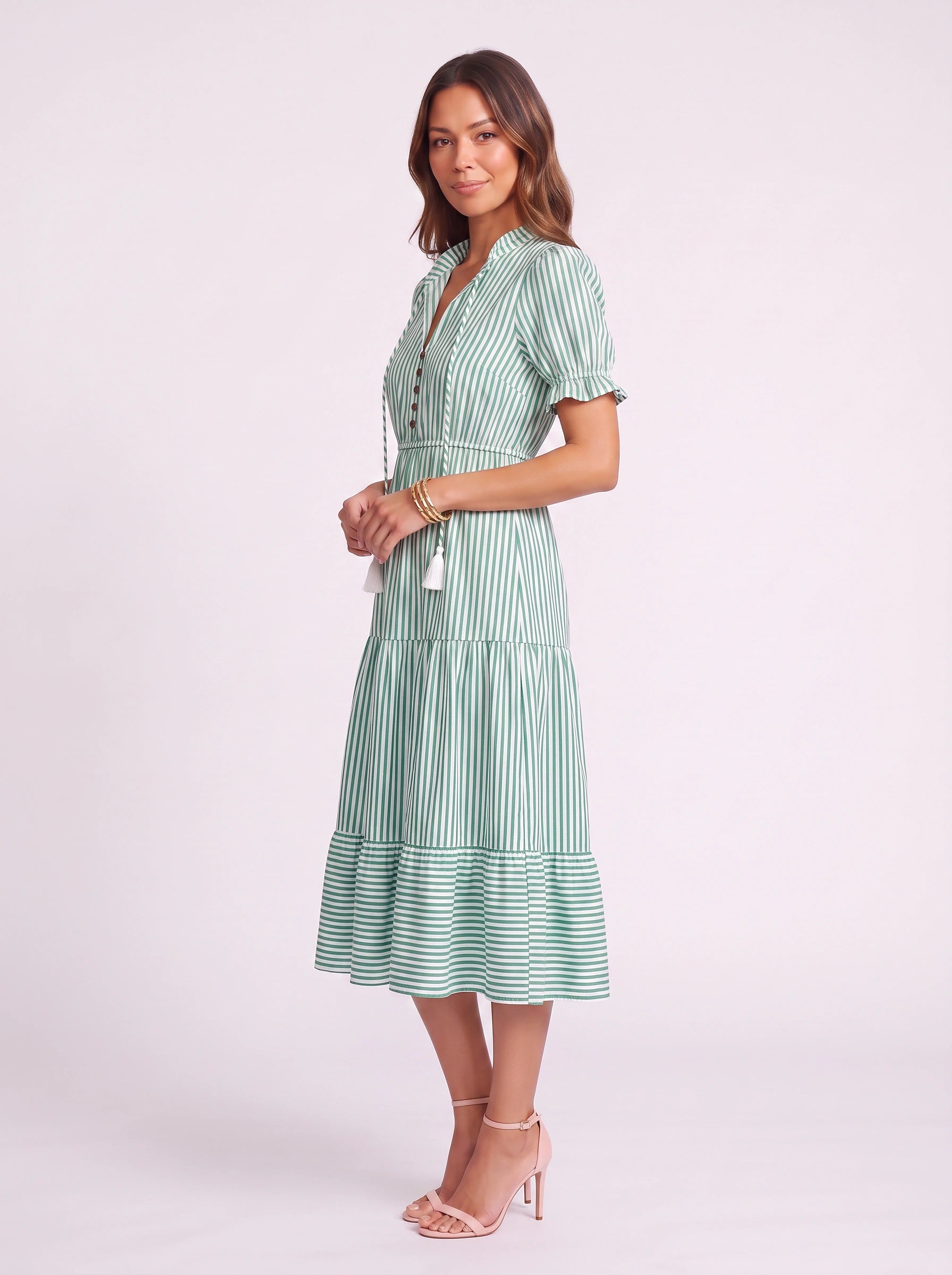 Rigatta Striped Collar Midi Dress – Button Front Tiered Summer Sundress Women Vacation Casual Midi Dress