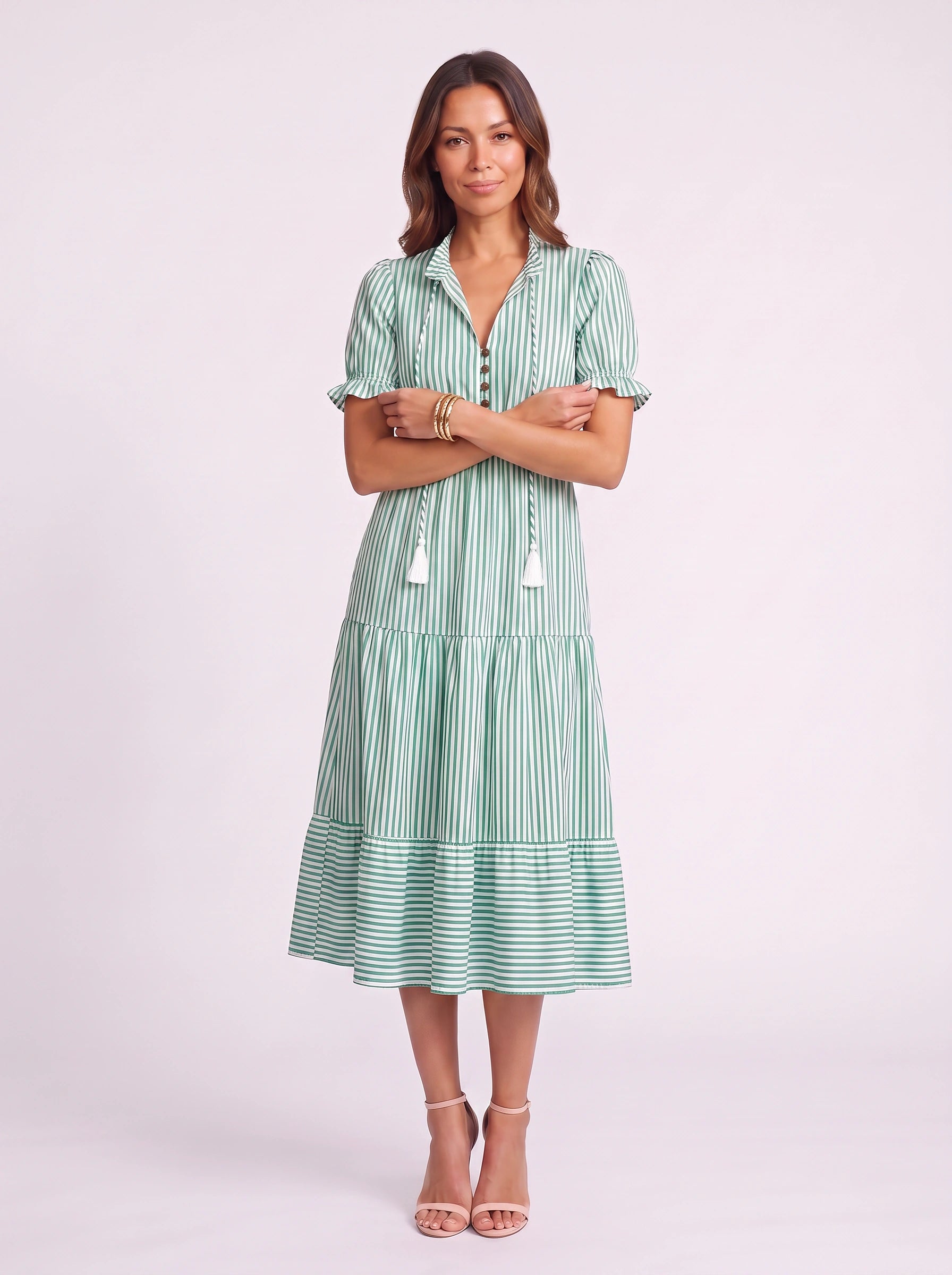 Rigatta Striped Collar Midi Dress – Button Front Tiered Summer Sundress Women Vacation Casual Midi Dress