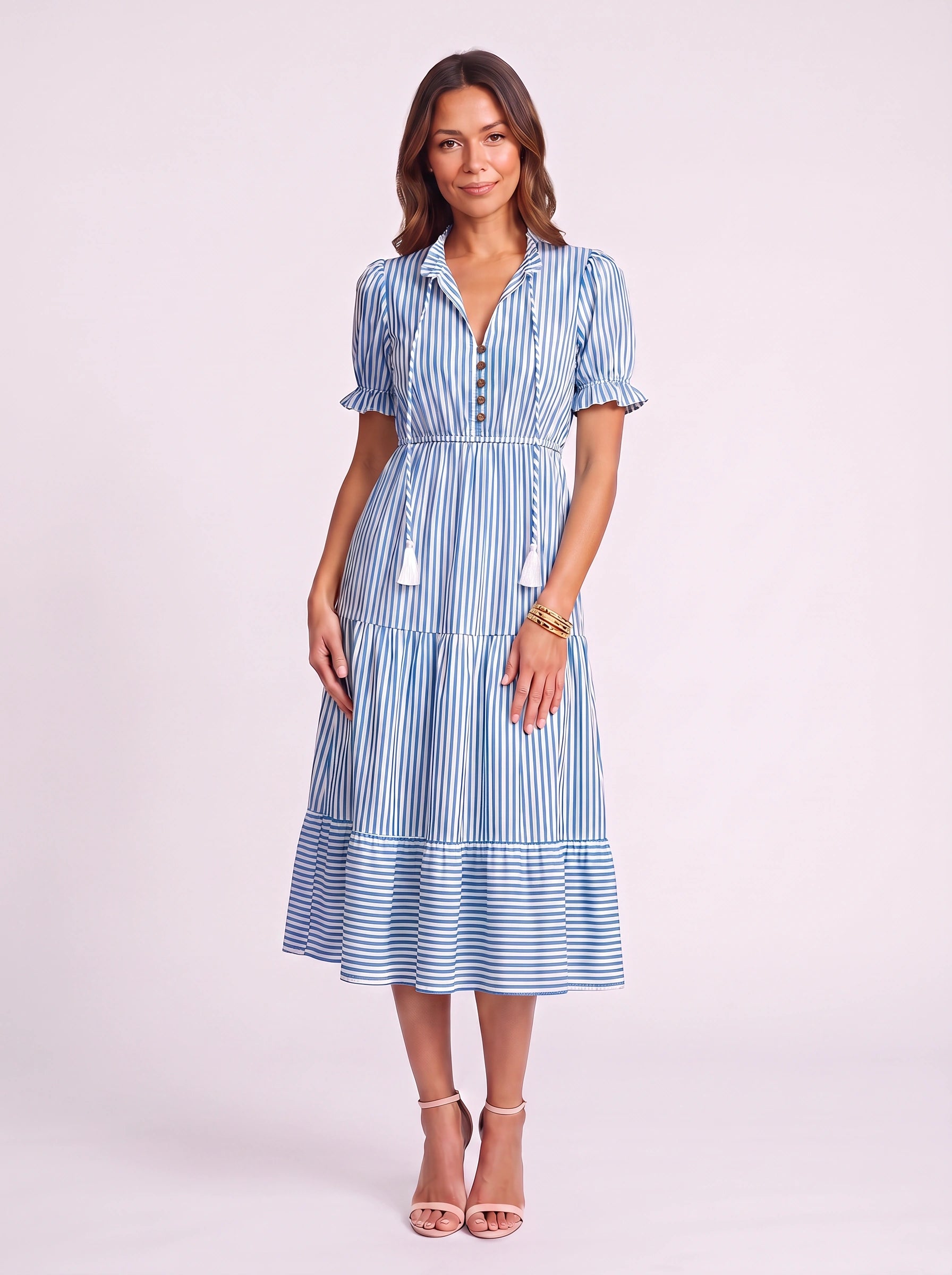 Rigatta Striped Collar Midi Dress – Button Front Tiered Summer Sundress Women Vacation Casual Midi Dress