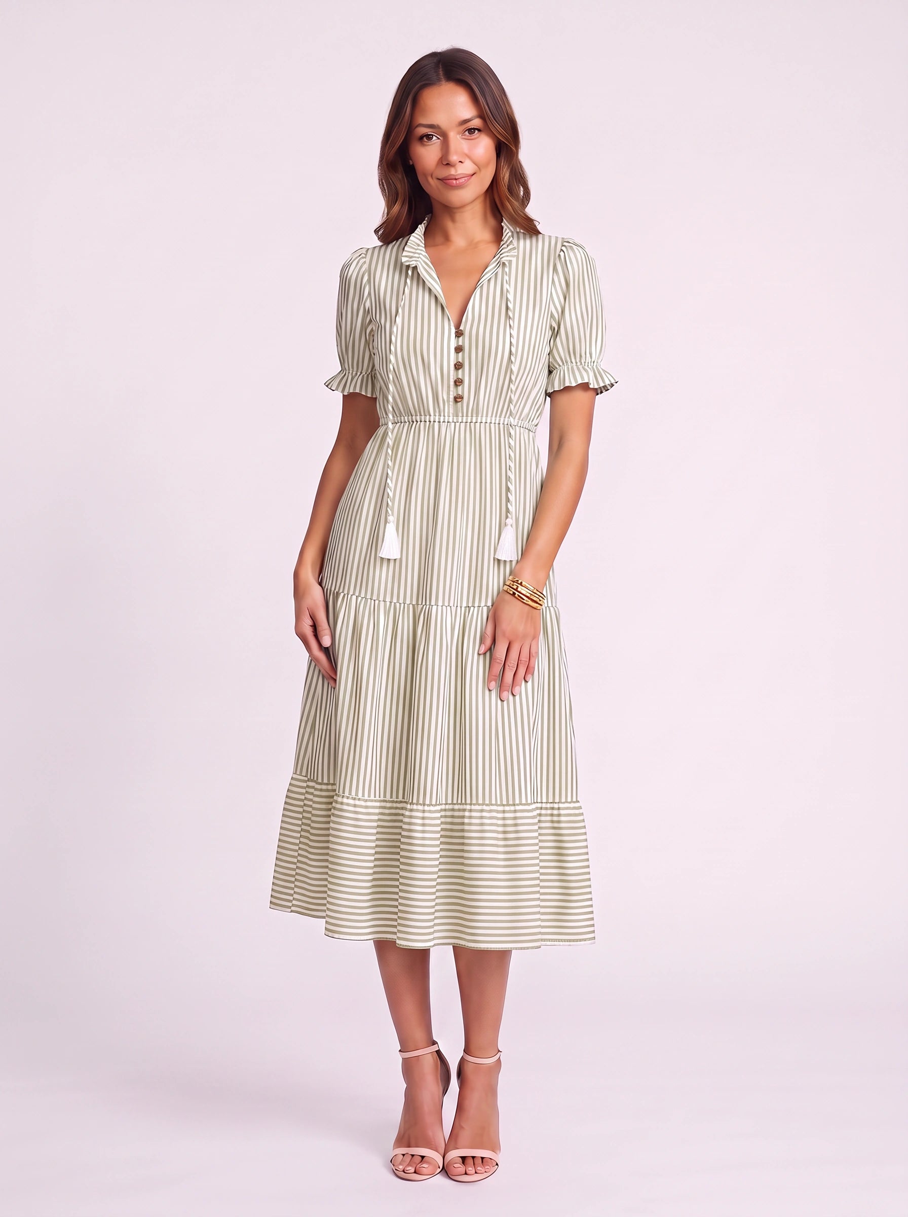 Rigatta Striped Collar Midi Dress – Button Front Tiered Summer Sundress Women Vacation Casual Midi Dress