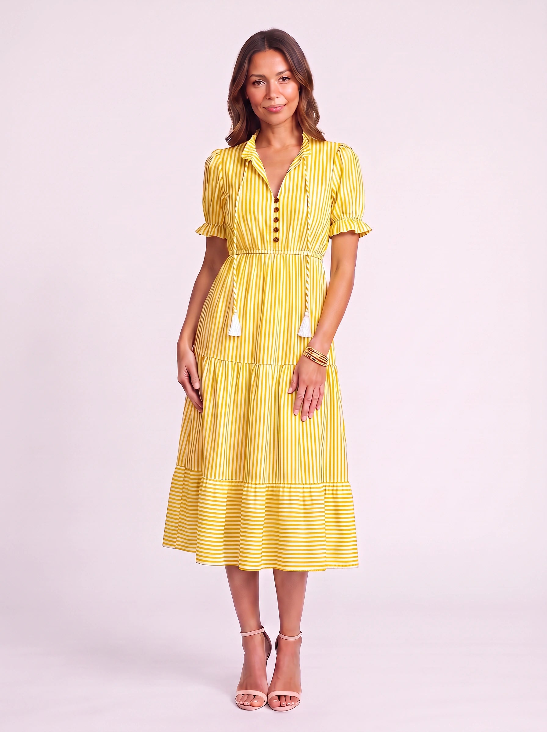 Rigatta Striped Collar Midi Dress – Button Front Tiered Summer Sundress Women Vacation Casual Midi Dress