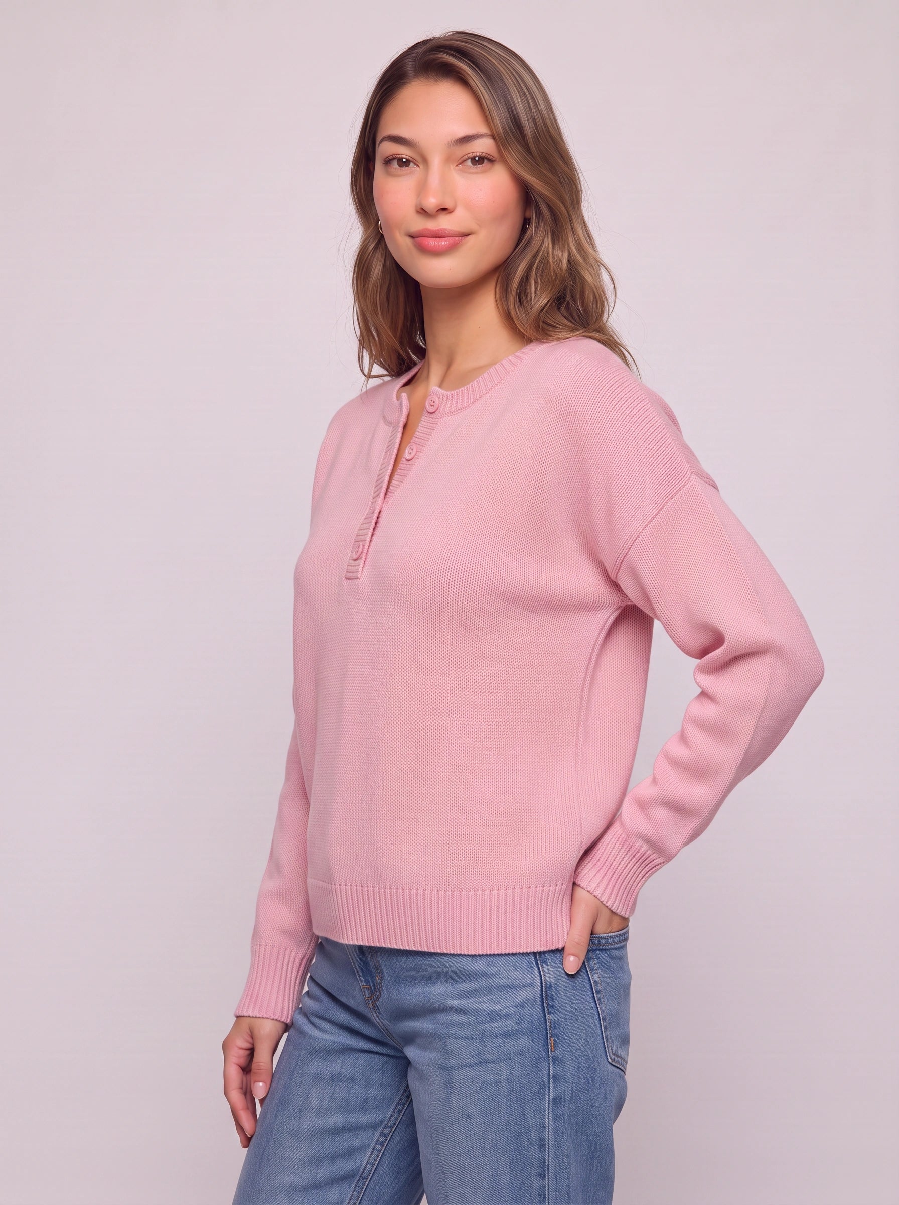 Roselle Ribbed Button Henley Sweater – Knit Pullover Women Casual Winter Cozy Oversized Relaxed Sweater