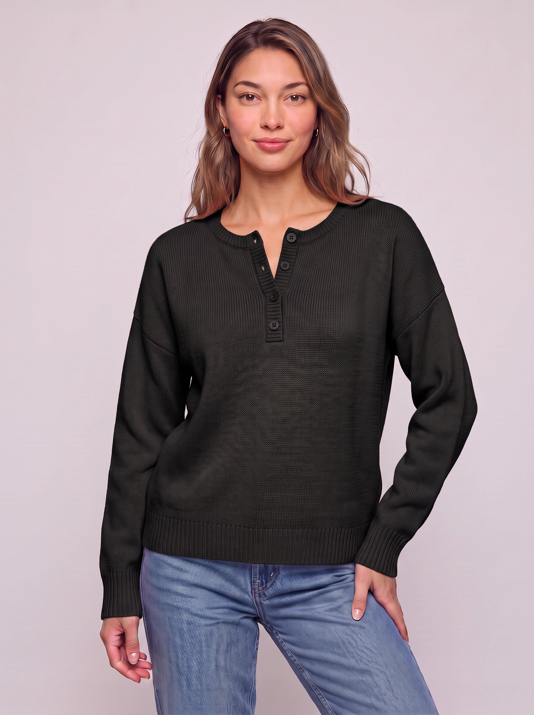 Roselle Ribbed Button Henley Sweater – Knit Pullover Women Casual Winter Cozy Oversized Relaxed Sweater