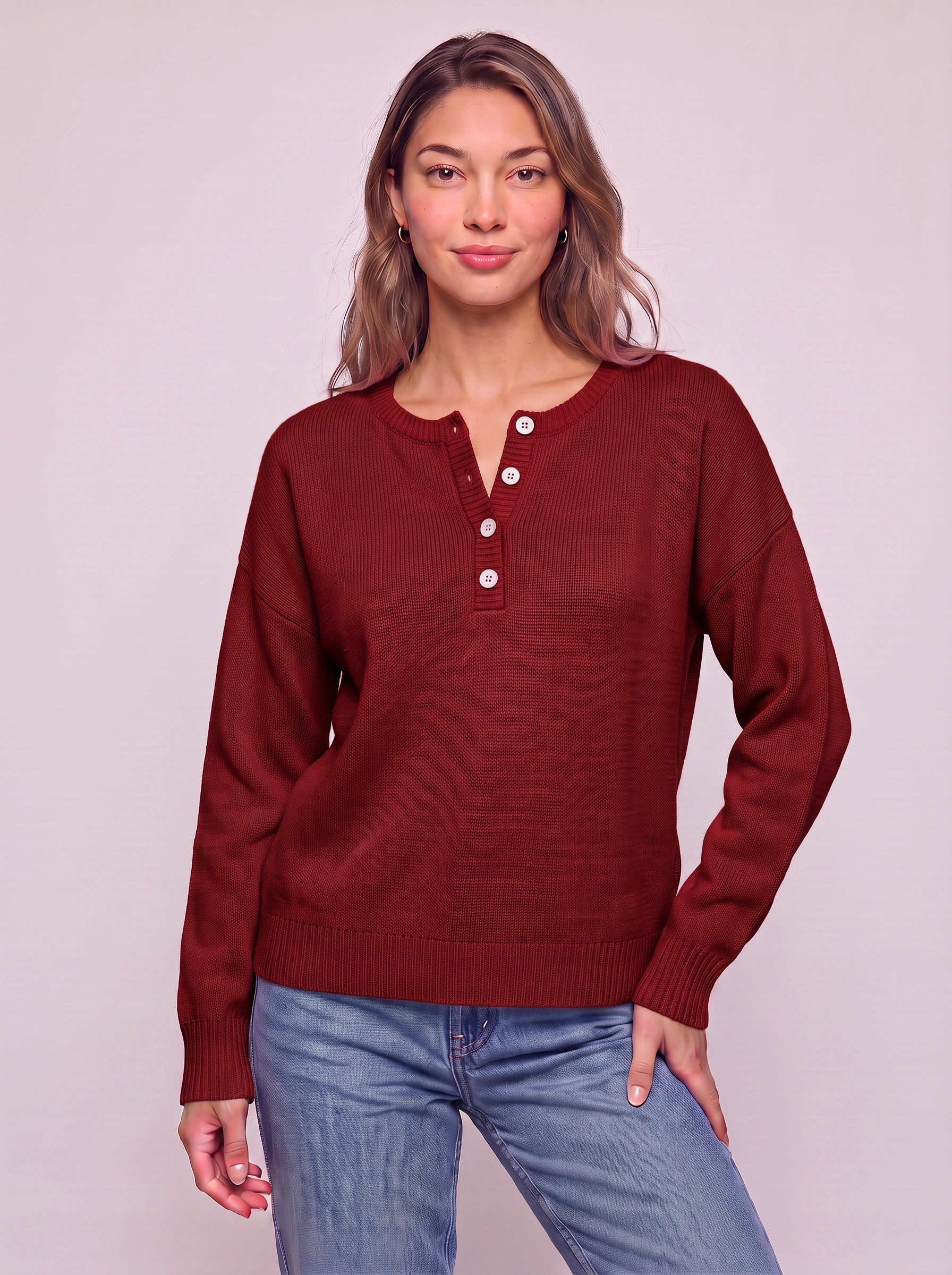 Roselle Ribbed Button Henley Sweater – Knit Pullover Women Casual Winter Cozy Oversized Relaxed Sweater