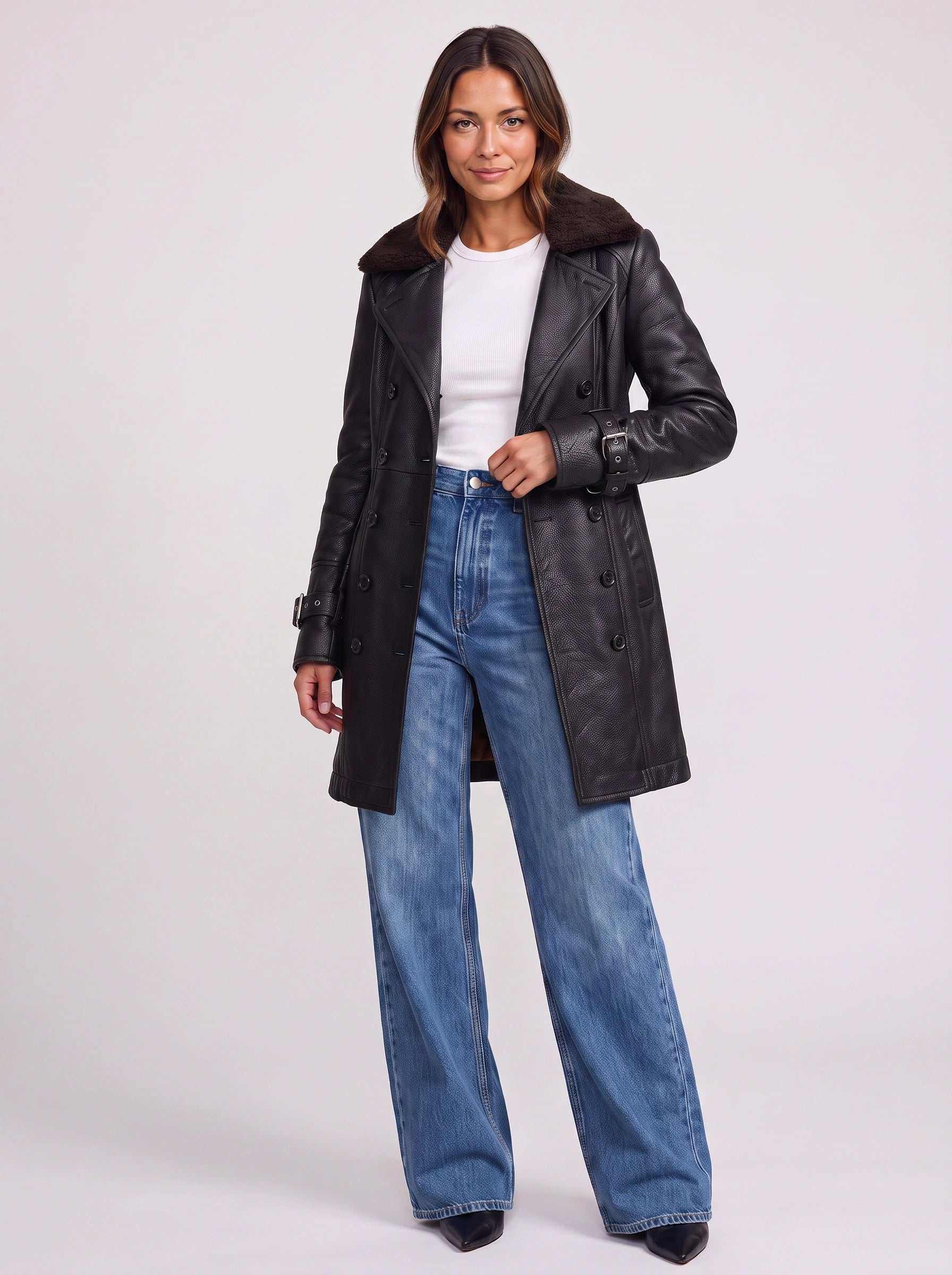 Nievo Double-Breasted Longline Trench Coat – Leather Jacket Women Winter Faux Fur Collar Outerwear Coat