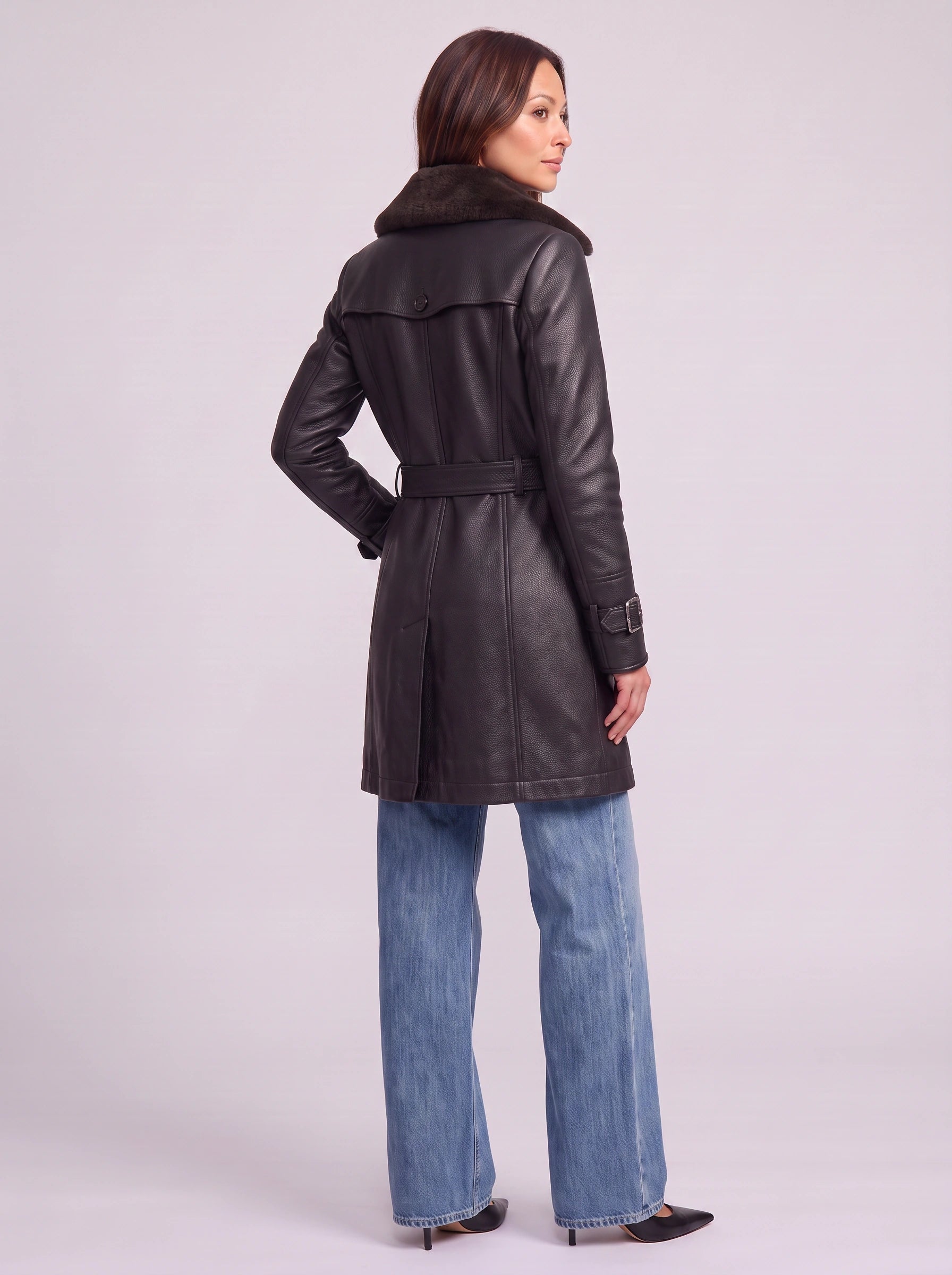 Nievo Double-Breasted Longline Trench Coat – Leather Jacket Women Winter Faux Fur Collar Outerwear Coat