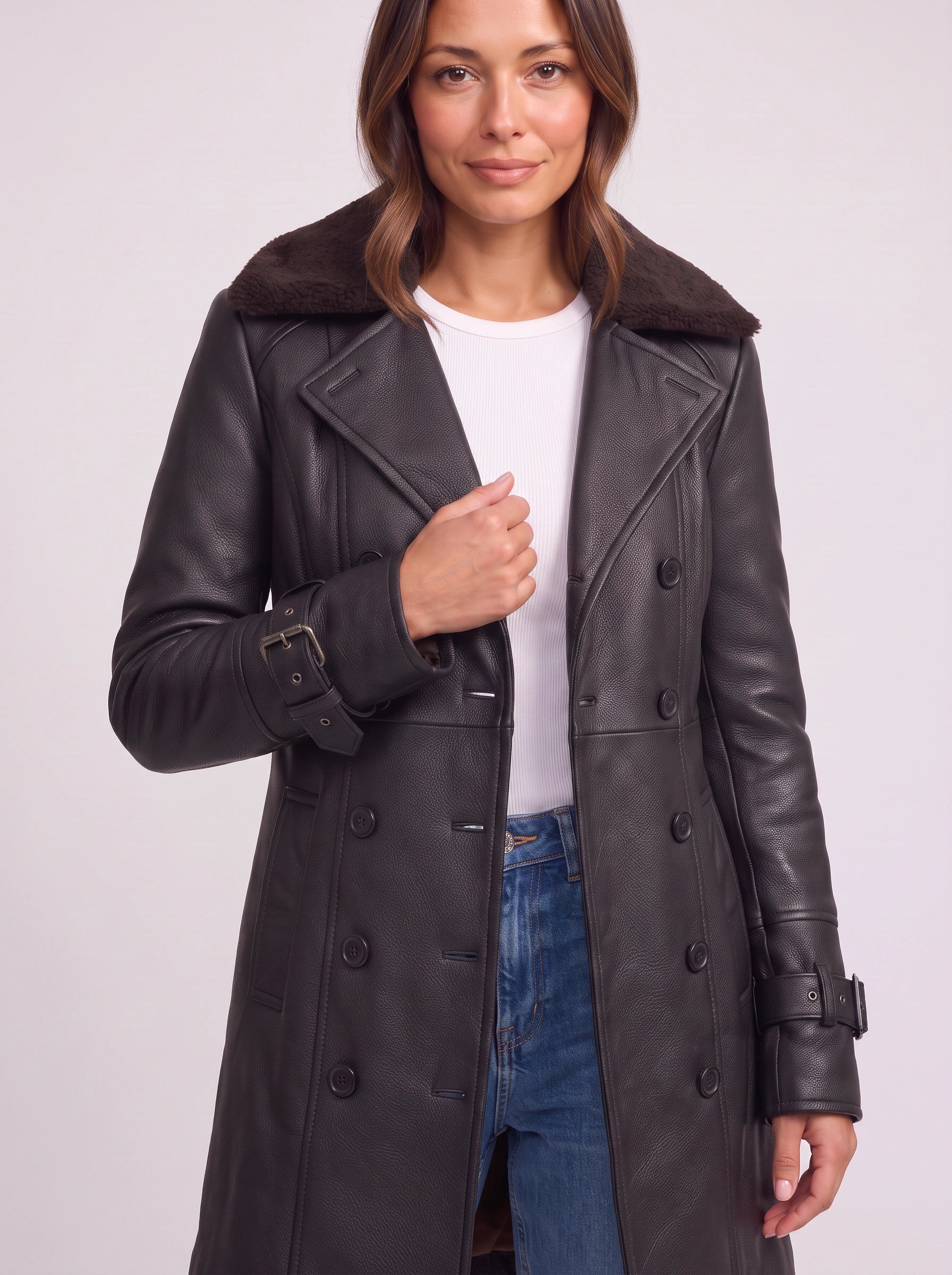 Nievo Double-Breasted Longline Trench Coat – Leather Jacket Women Winter Faux Fur Collar Outerwear Coat