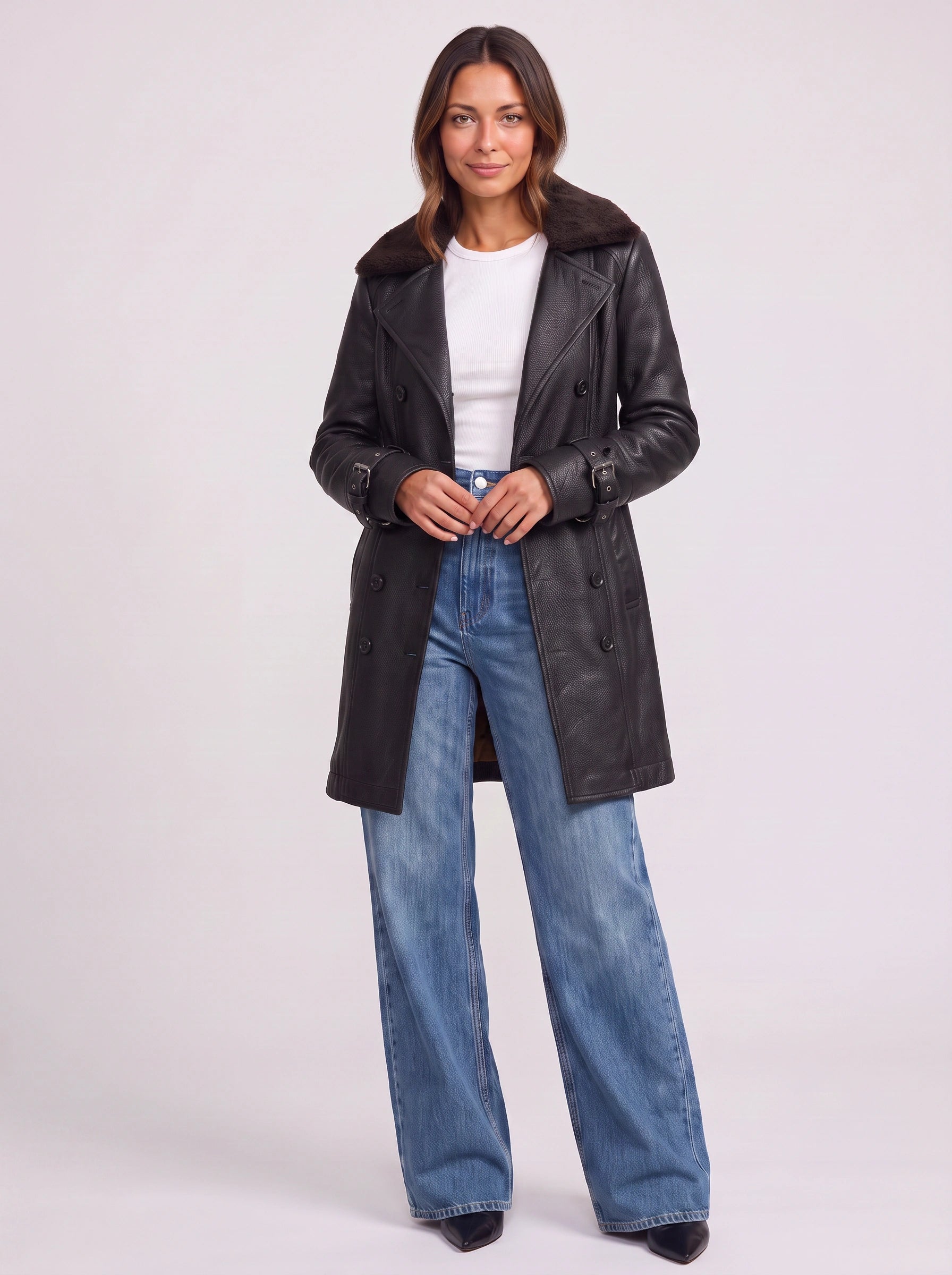 Nievo Double-Breasted Longline Trench Coat – Leather Jacket Women Winter Faux Fur Collar Outerwear Coat
