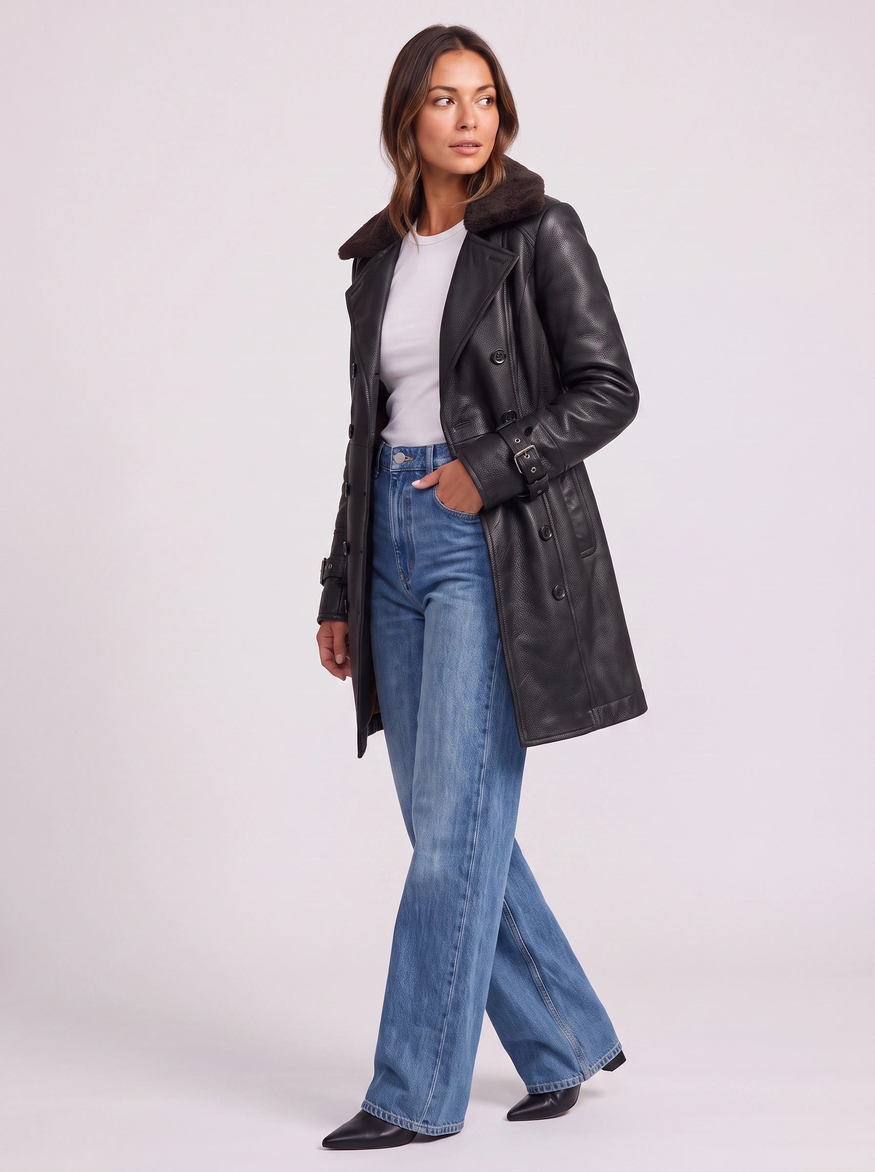 Nievo Double-Breasted Longline Trench Coat – Leather Jacket Women Winter Faux Fur Collar Outerwear Coat