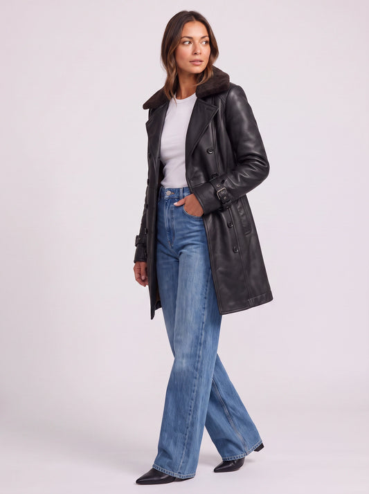 Nievo Double-Breasted Longline Trench Coat – Leather Jacket Women Winter Faux Fur Collar Outerwear Coat