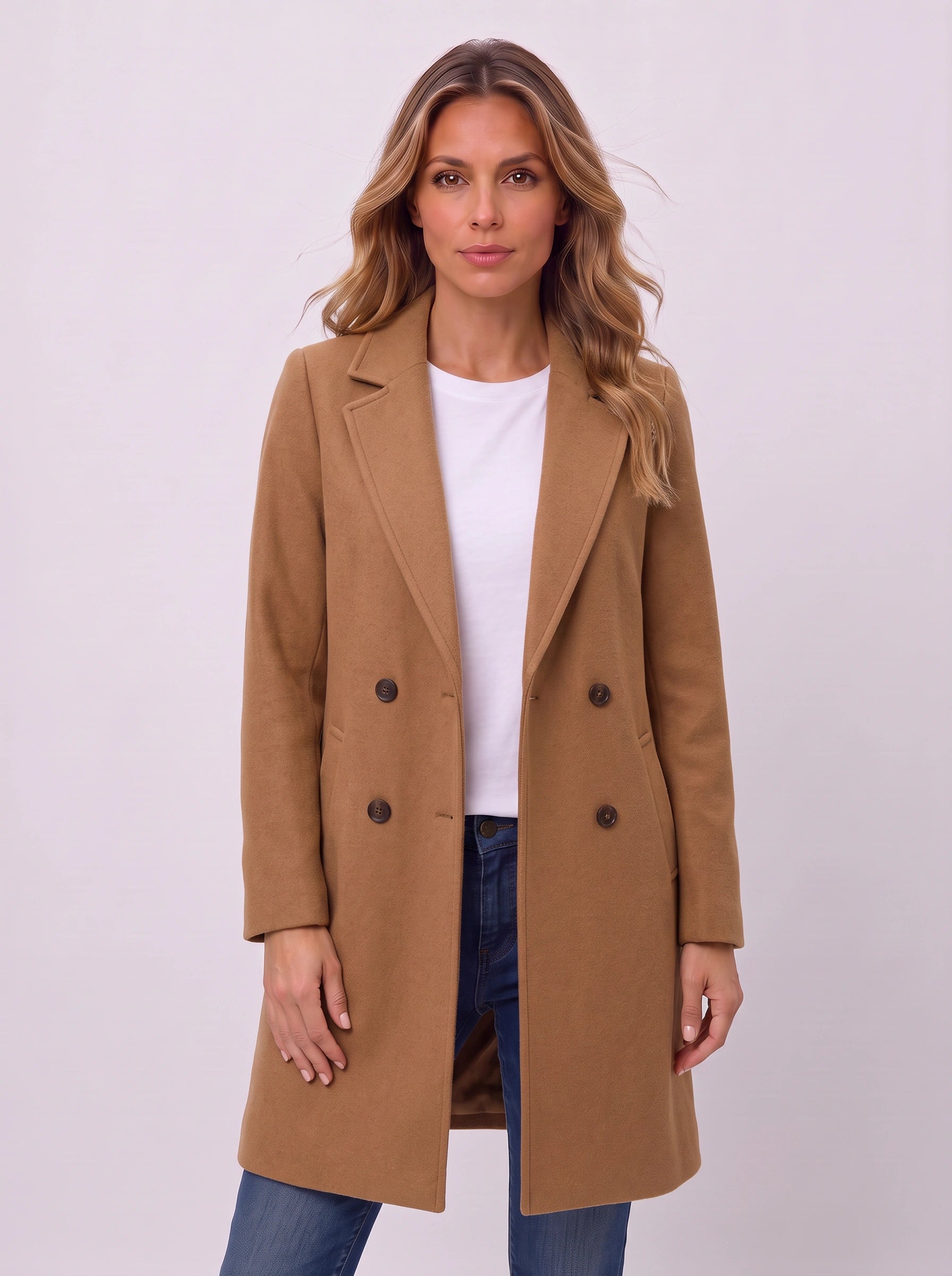 Camilla Double-Breasted Longline Coat – Women Wool Coat Tailored Office Camel Trench Coat Work Blazer