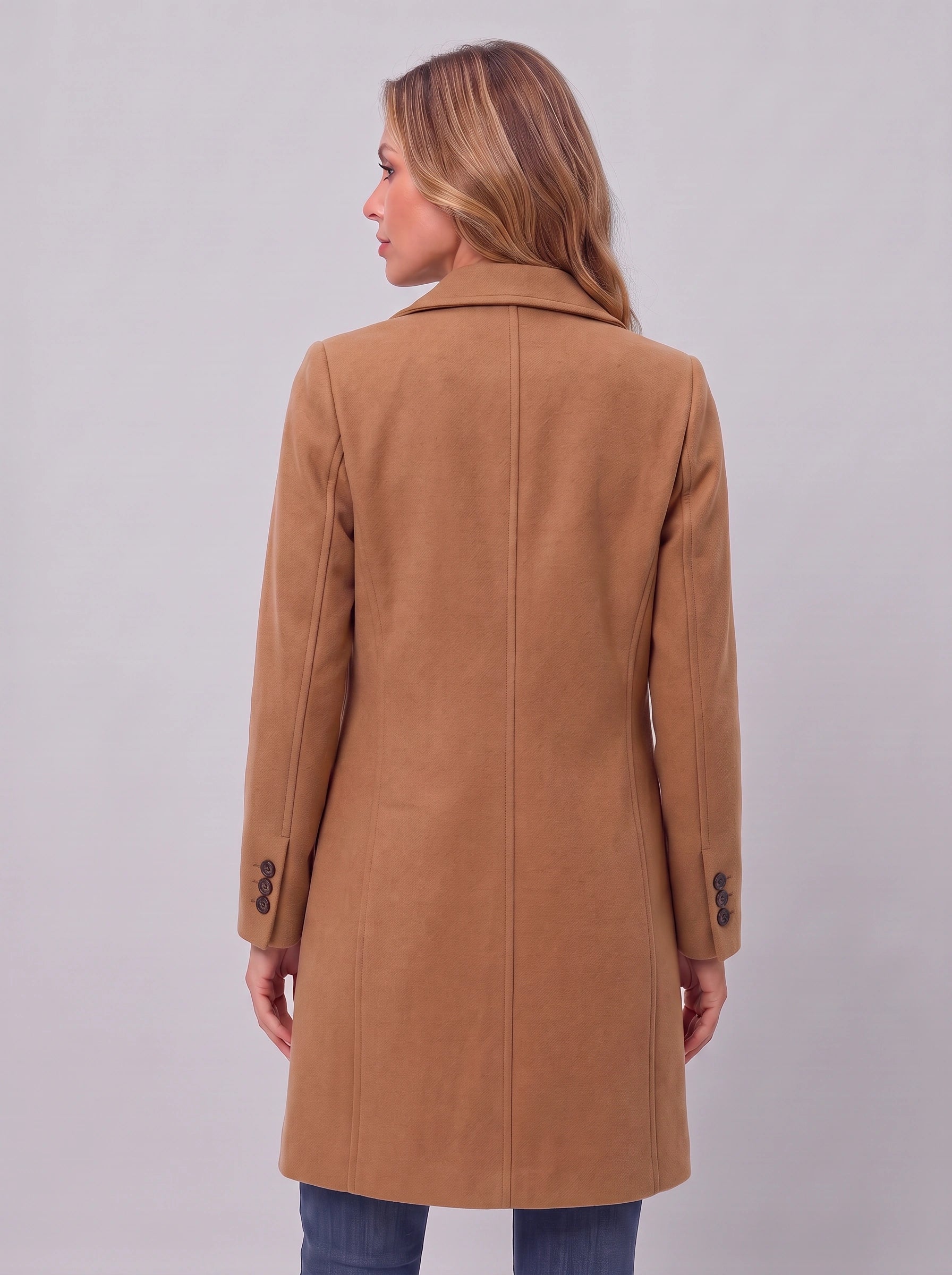 Camilla Double-Breasted Longline Coat – Women Wool Coat Tailored Office Camel Trench Coat Work Blazer