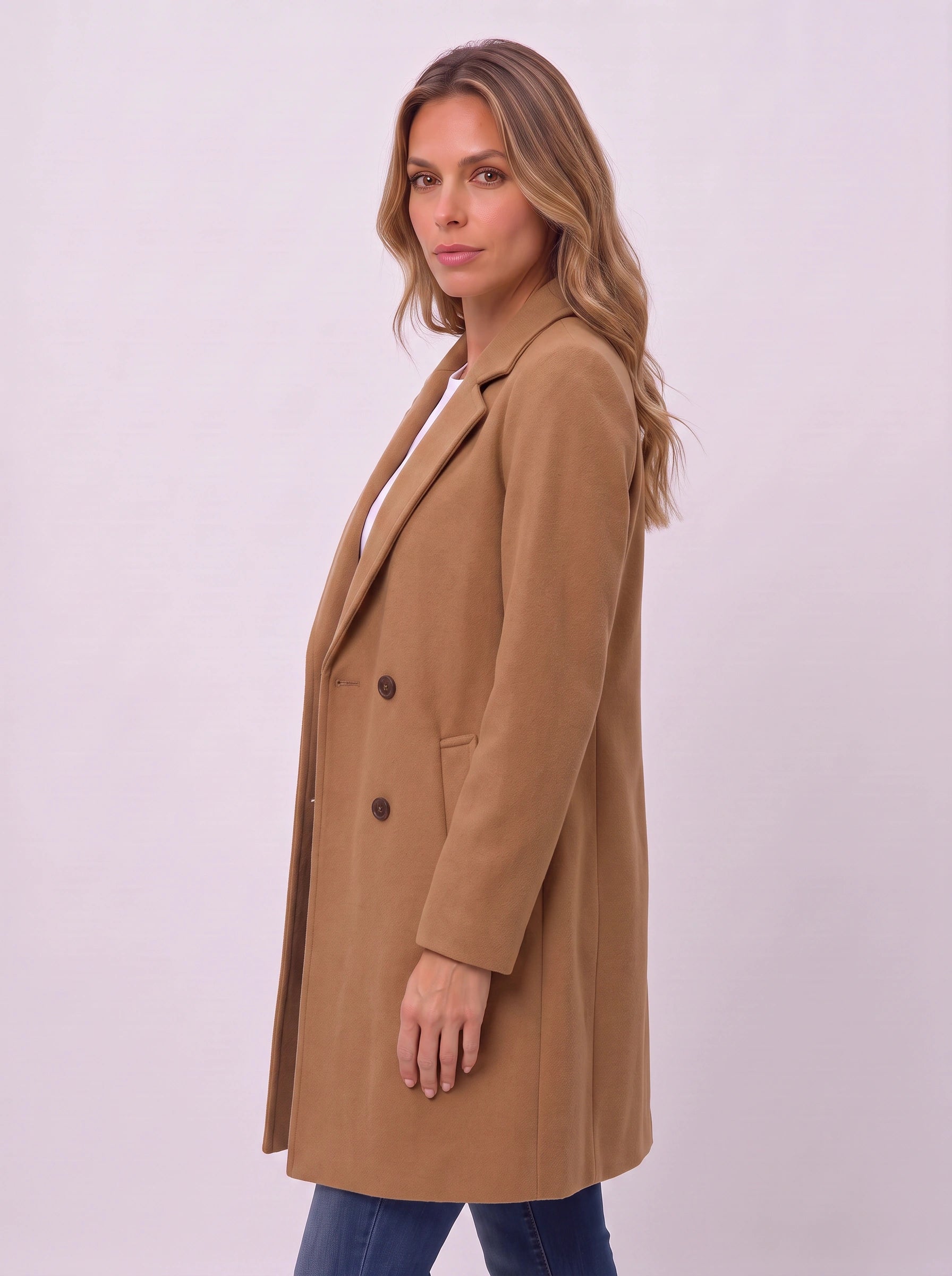 Camilla Double-Breasted Longline Coat – Women Wool Coat Tailored Office Camel Trench Coat Work Blazer