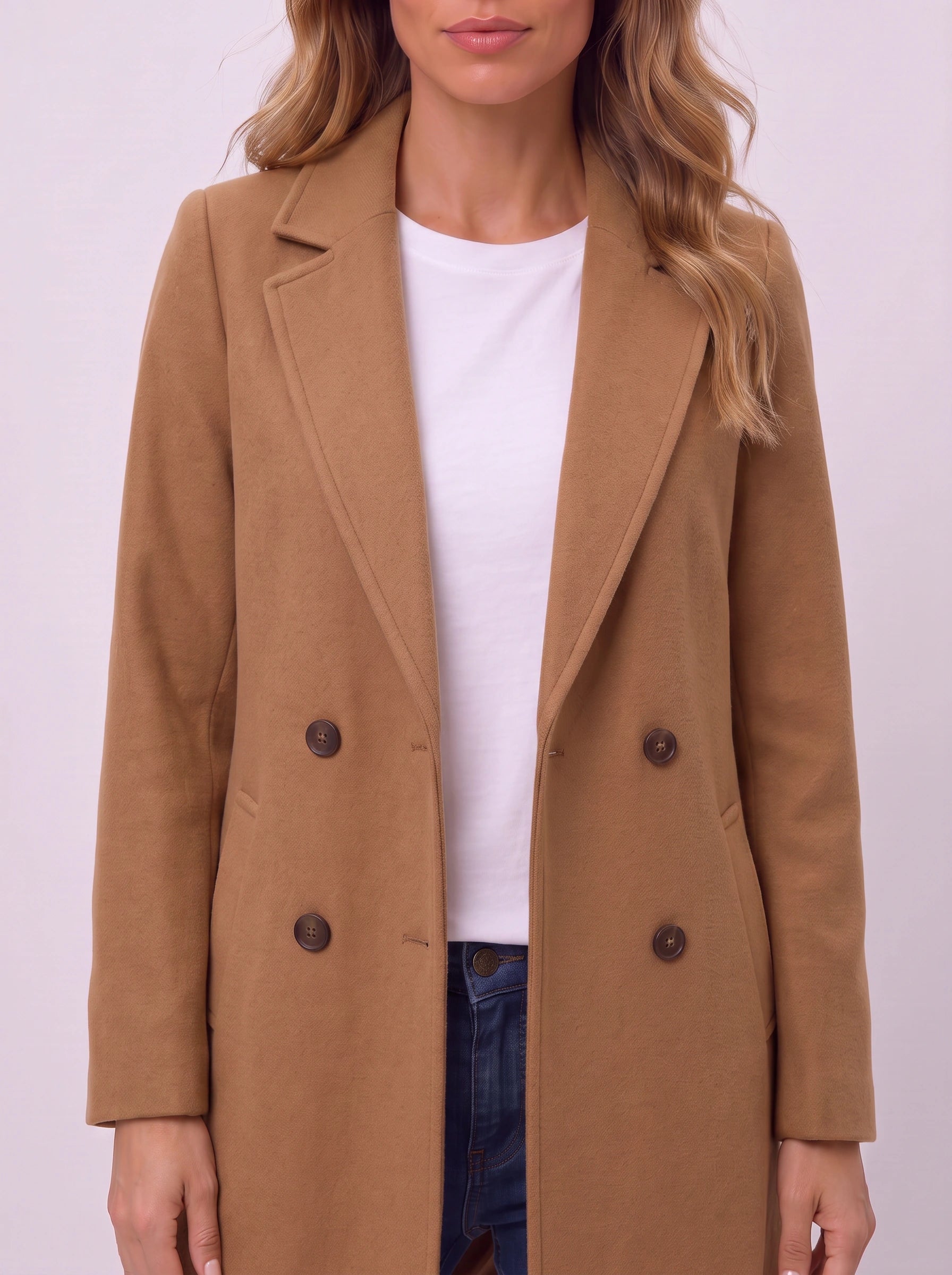Camilla Double-Breasted Longline Coat – Women Wool Coat Tailored Office Camel Trench Coat Work Blazer