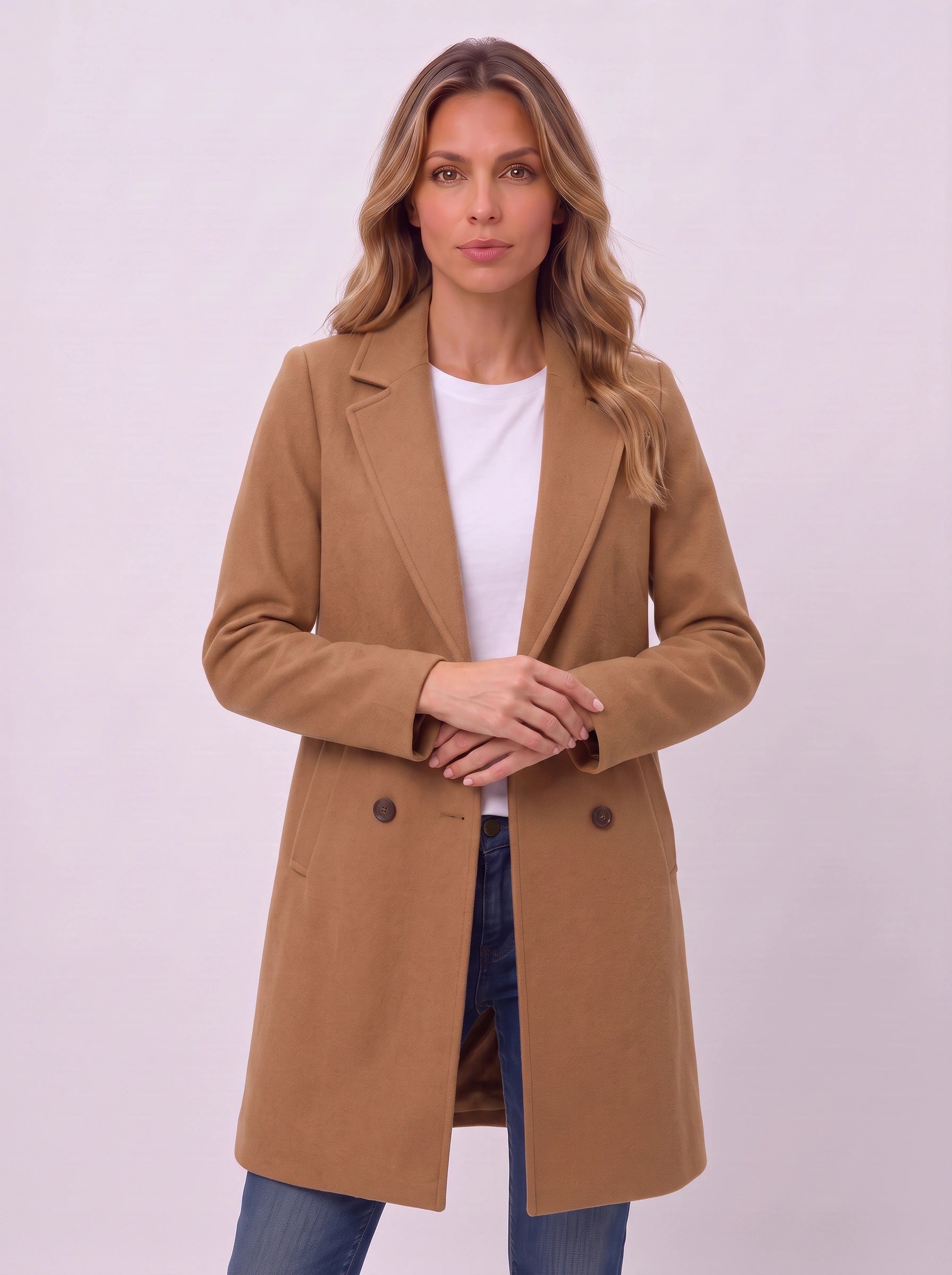 Camilla Double-Breasted Longline Coat – Women Wool Coat Tailored Office Camel Trench Coat Work Blazer