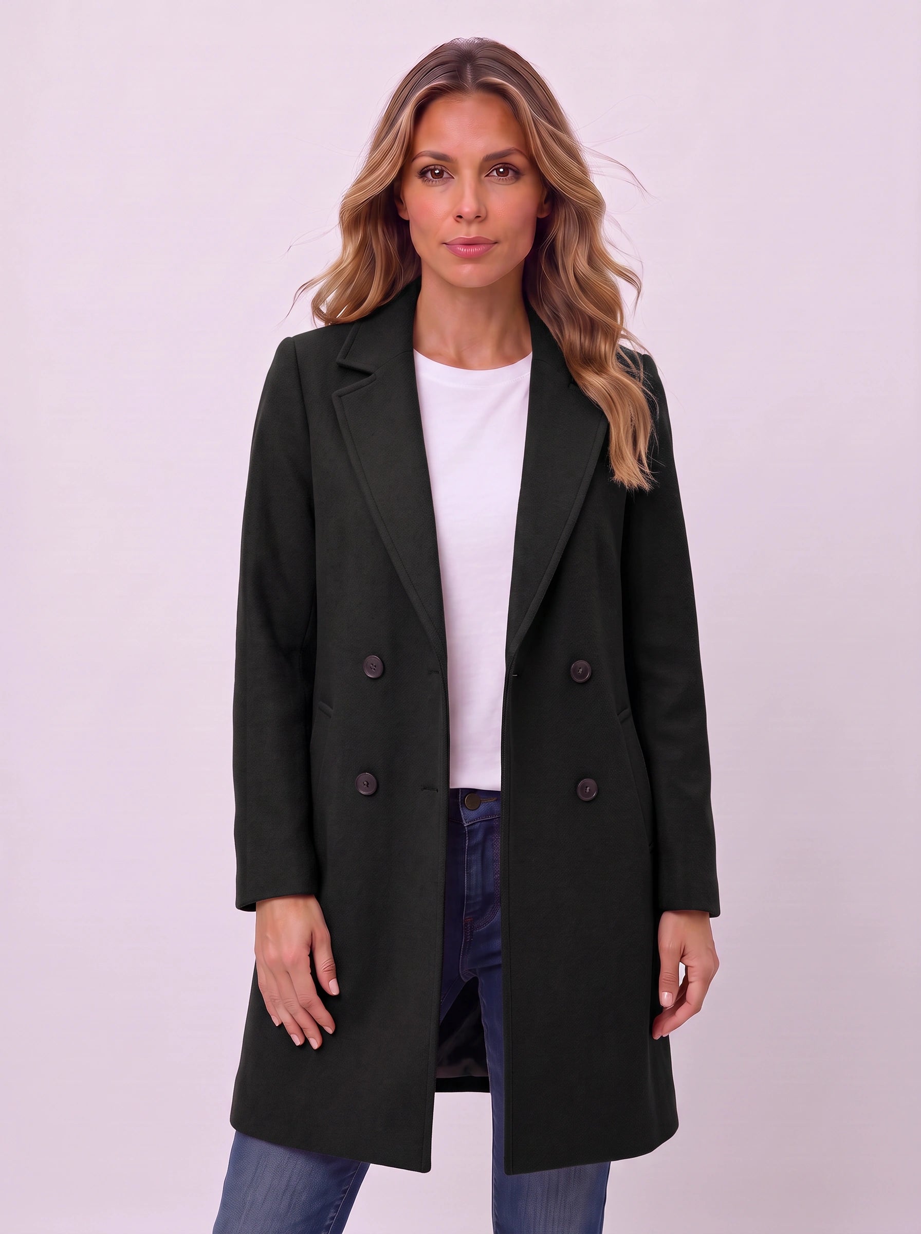Camilla Double-Breasted Longline Coat – Women Wool Coat Tailored Office Camel Trench Coat Work Blazer