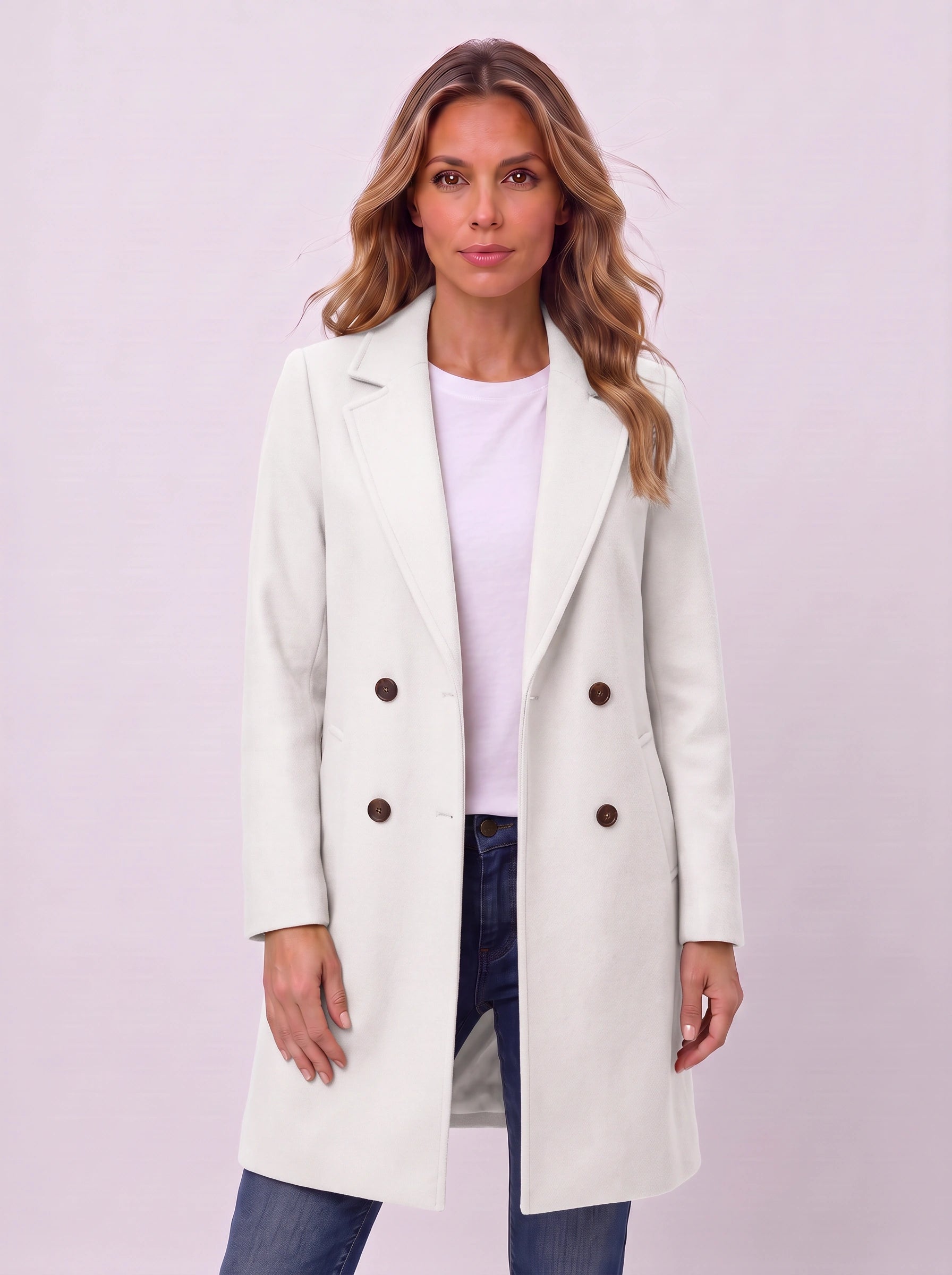 Camilla Double-Breasted Longline Coat – Women Wool Coat Tailored Office Camel Trench Coat Work Blazer