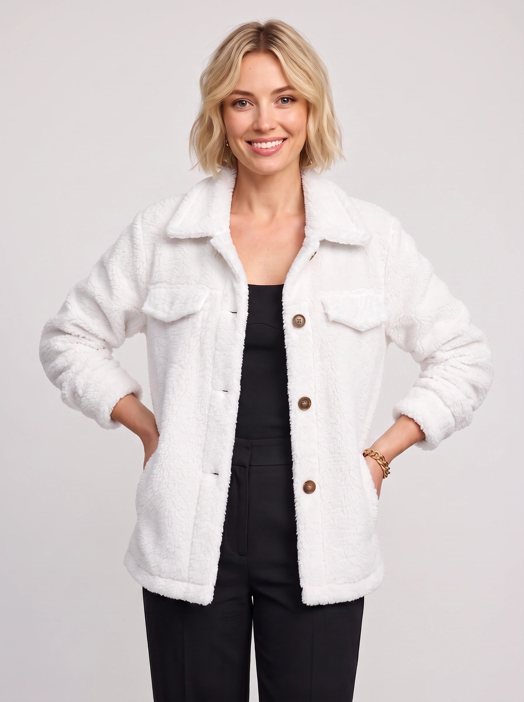 Nuvoce Teddy Shacket – Women Oversized Blazer Jacket Casual Streetwear Button-Front Utility Shacket