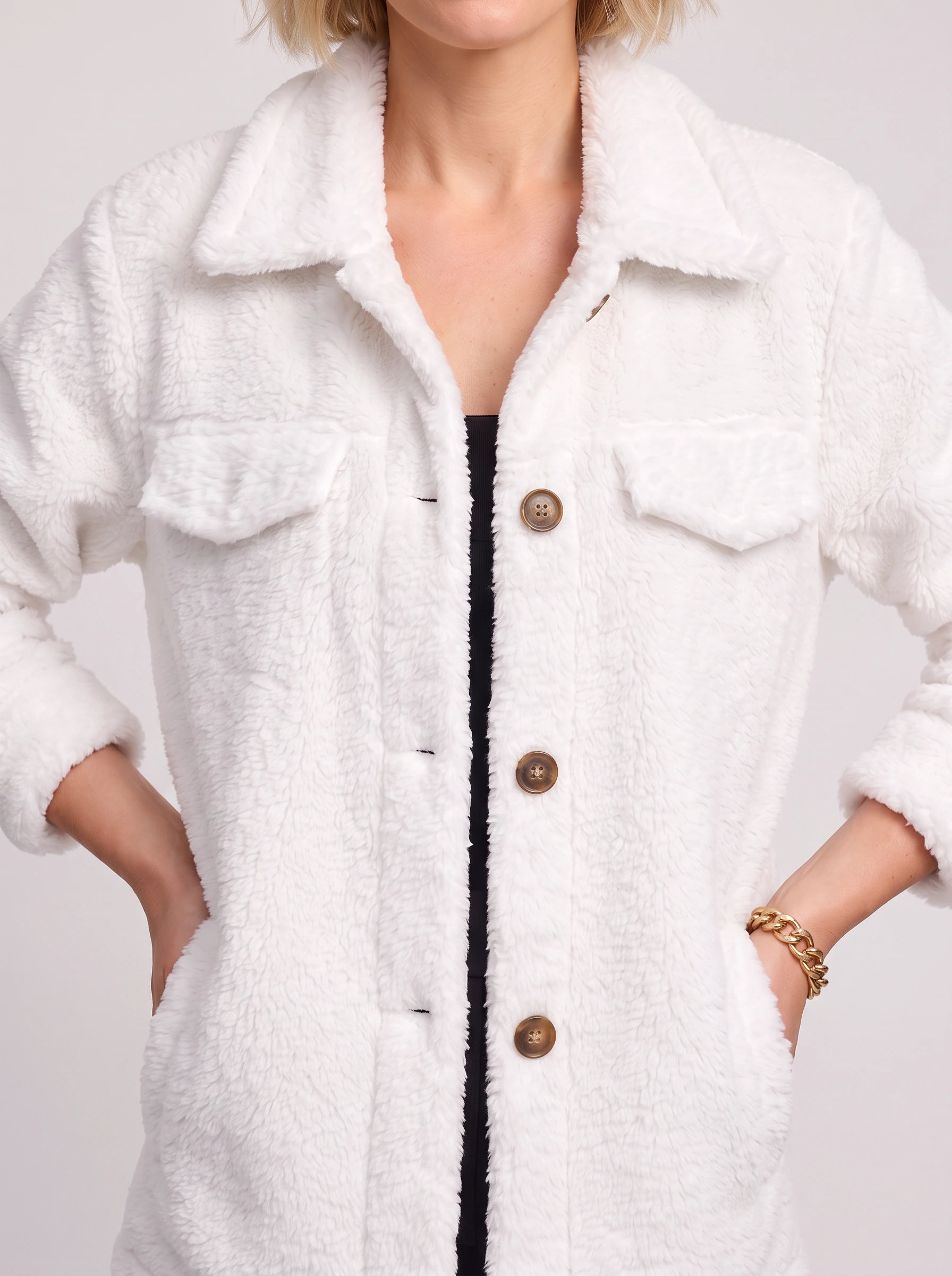 Nuvoce Teddy Shacket – Women Oversized Blazer Jacket Casual Streetwear Button-Front Utility Shacket