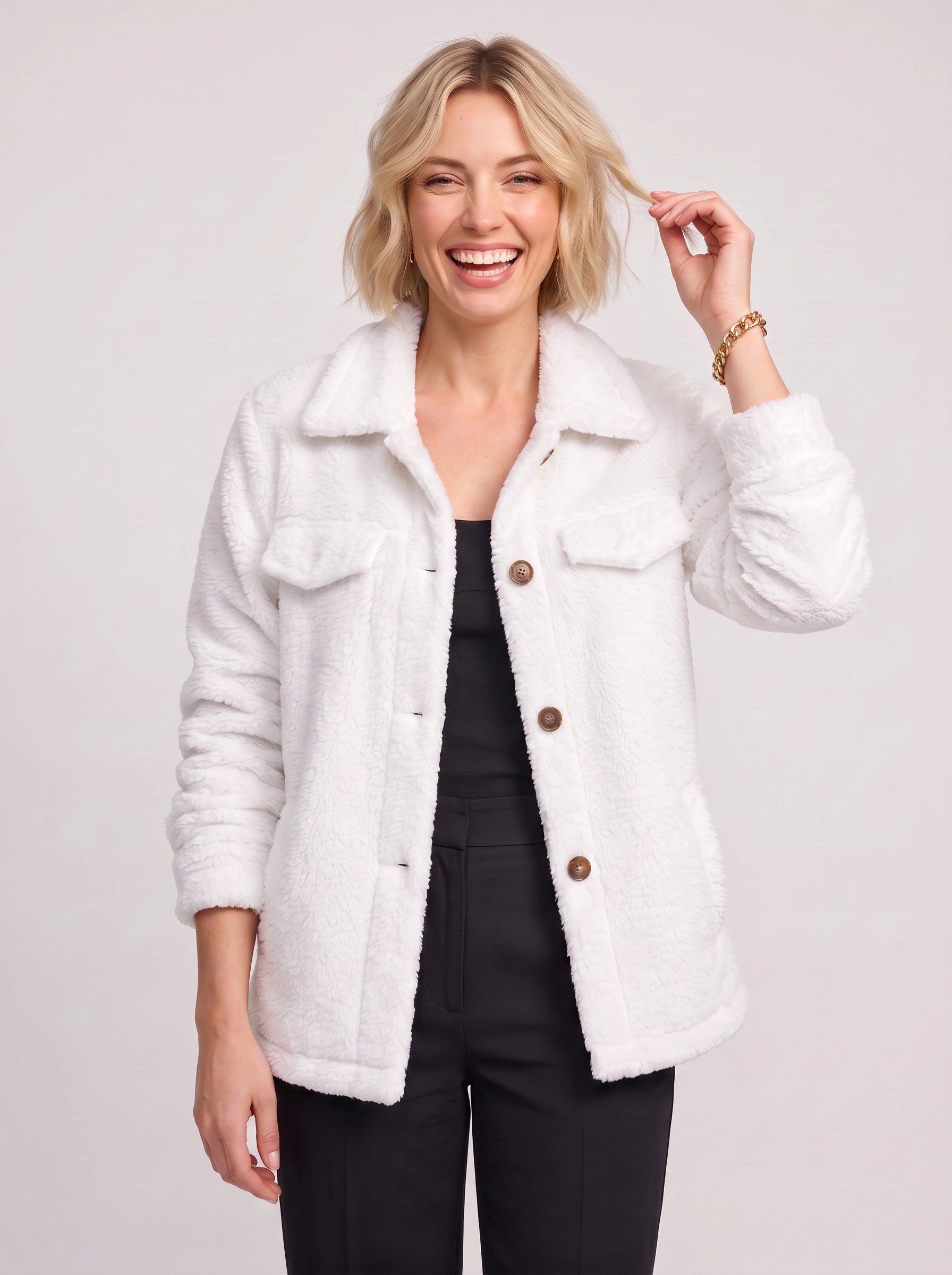 Nuvoce Teddy Shacket – Women Oversized Blazer Jacket Casual Streetwear Button-Front Utility Shacket