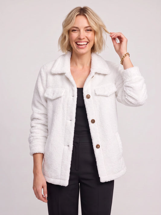 Nuvoce Teddy Shacket – Women Oversized Blazer Jacket Casual Streetwear Button-Front Utility Shacket