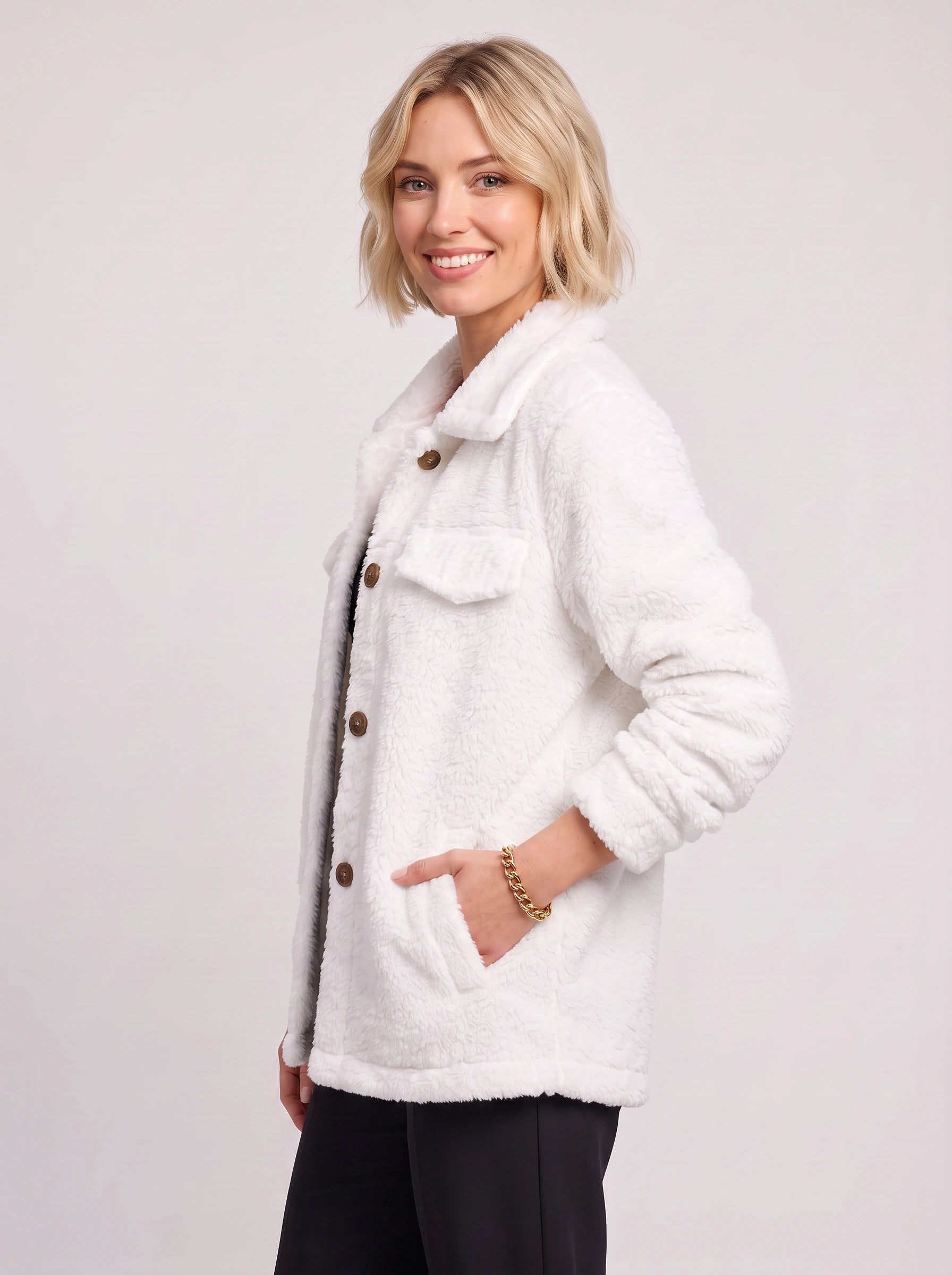 Nuvoce Teddy Shacket – Women Oversized Blazer Jacket Casual Streetwear Button-Front Utility Shacket