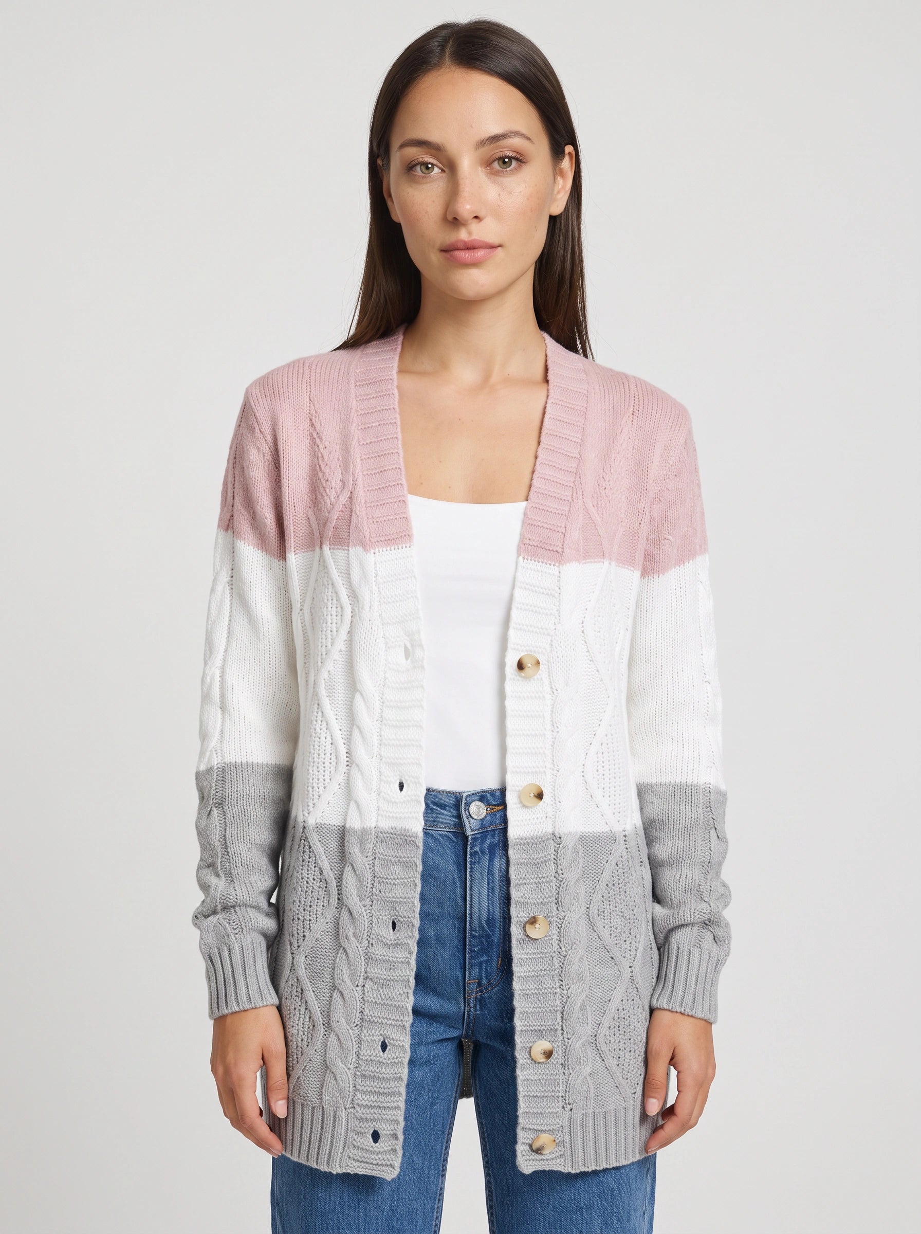Tribloc Cable-Knit Longline Cardigan – Women Button-Front Colorblock Striped Knit Sweater Casual Winter