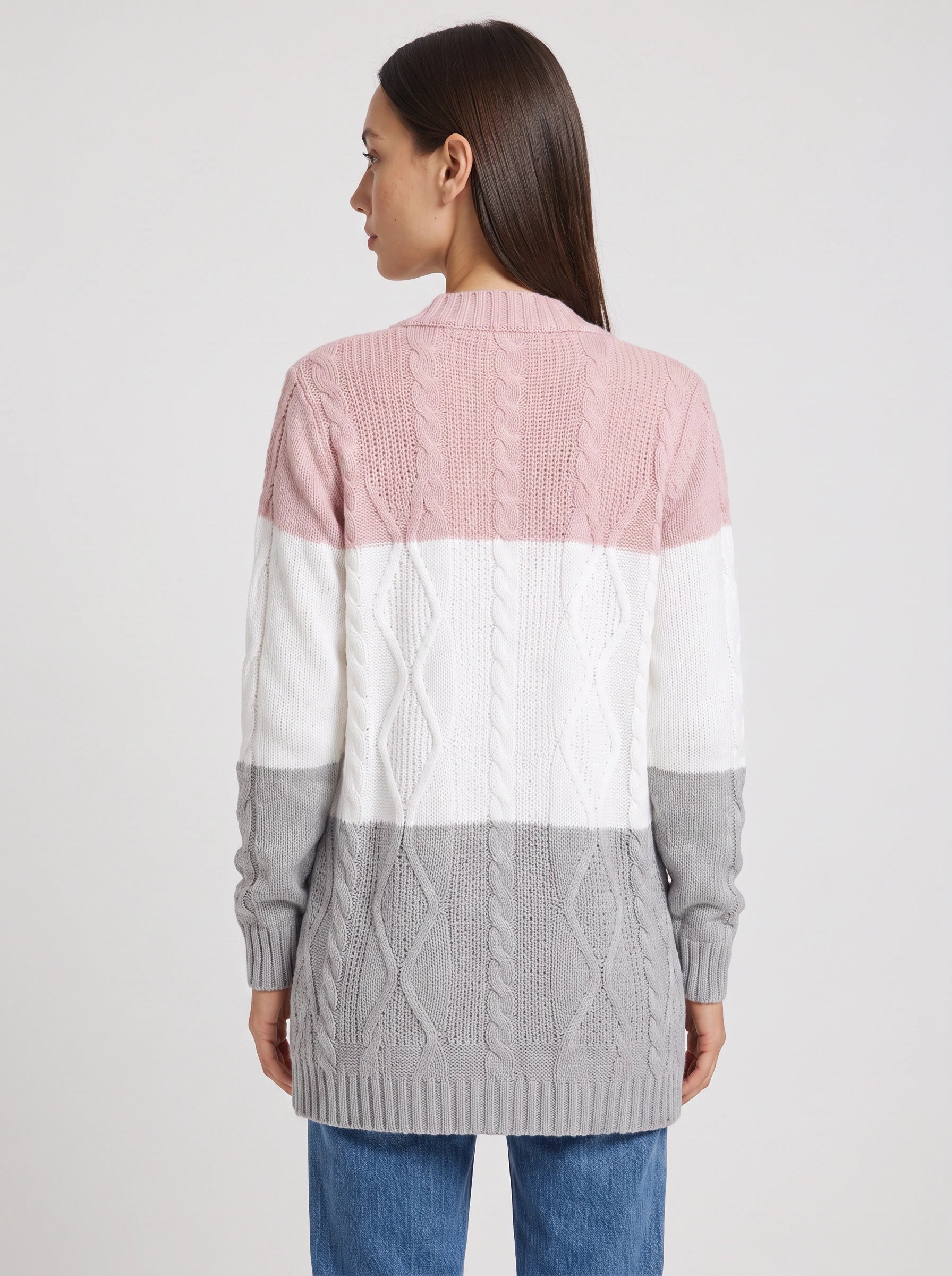 Tribloc Cable-Knit Longline Cardigan – Women Button-Front Colorblock Striped Knit Sweater Casual Winter