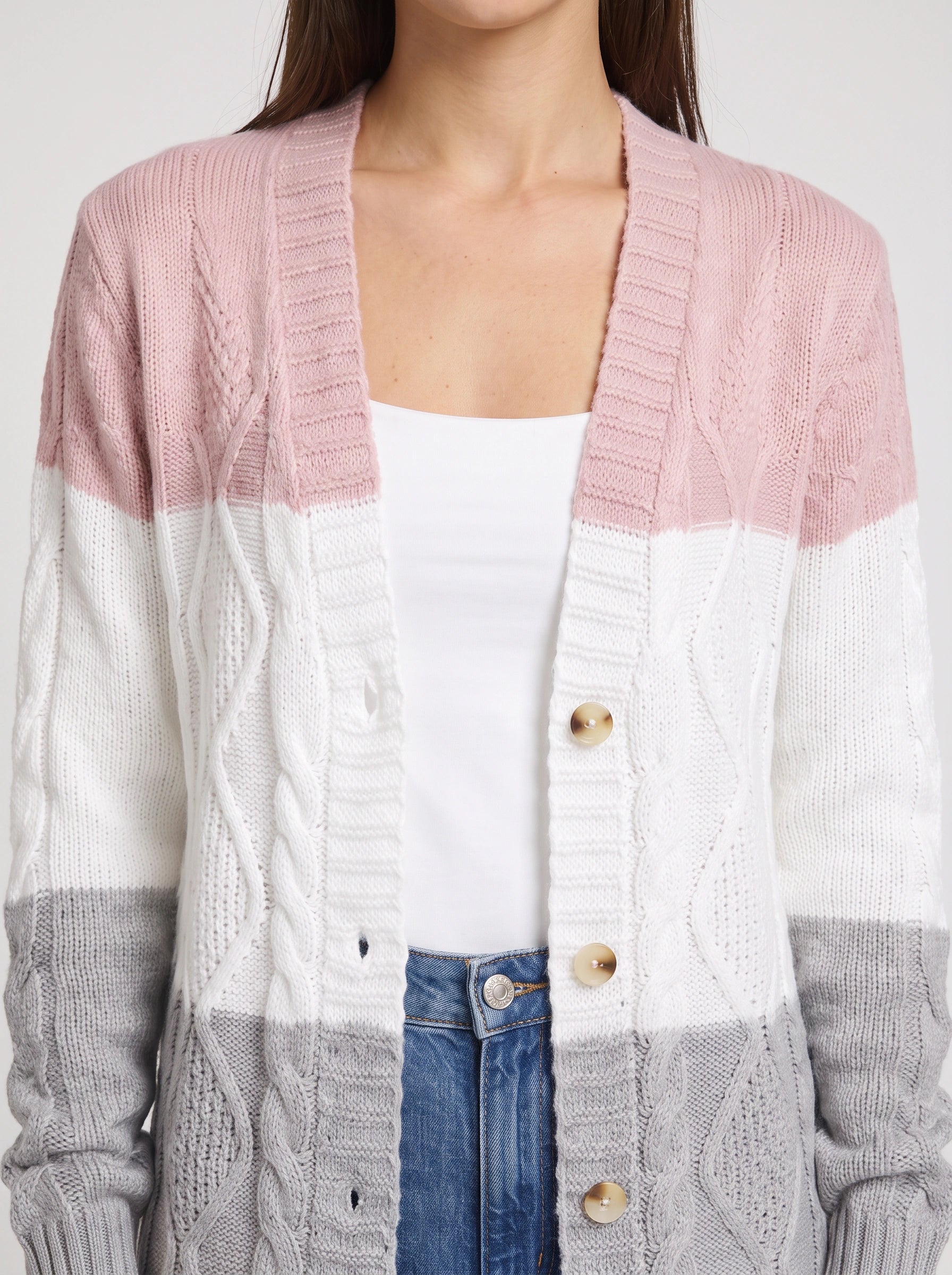 Tribloc Cable-Knit Longline Cardigan – Women Button-Front Colorblock Striped Knit Sweater Casual Winter
