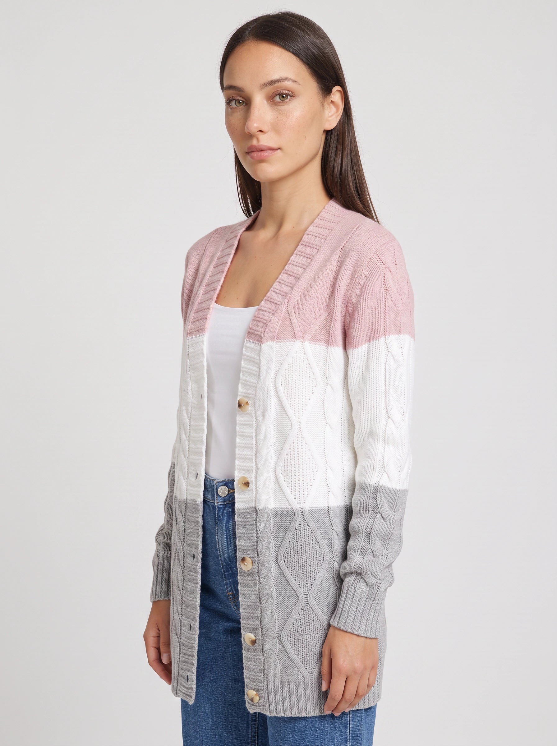 Tribloc Cable-Knit Longline Cardigan – Women Button-Front Colorblock Striped Knit Sweater Casual Winter
