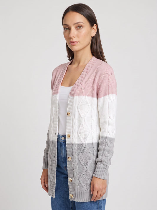Tribloc Cable-Knit Longline Cardigan – Women Button-Front Colorblock Striped Knit Sweater Casual Winter