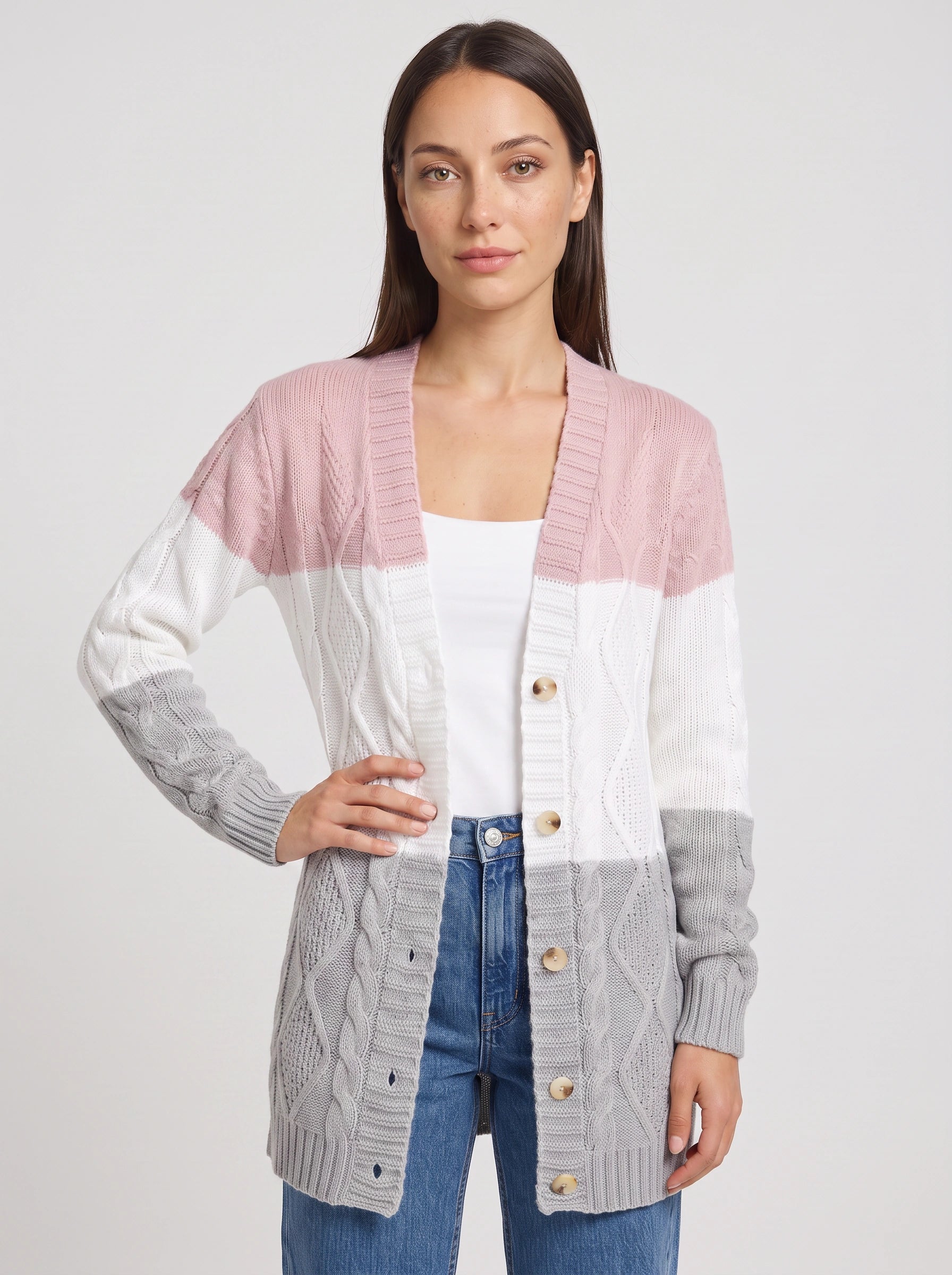 Tribloc Cable-Knit Longline Cardigan – Women Button-Front Colorblock Striped Knit Sweater Casual Winter