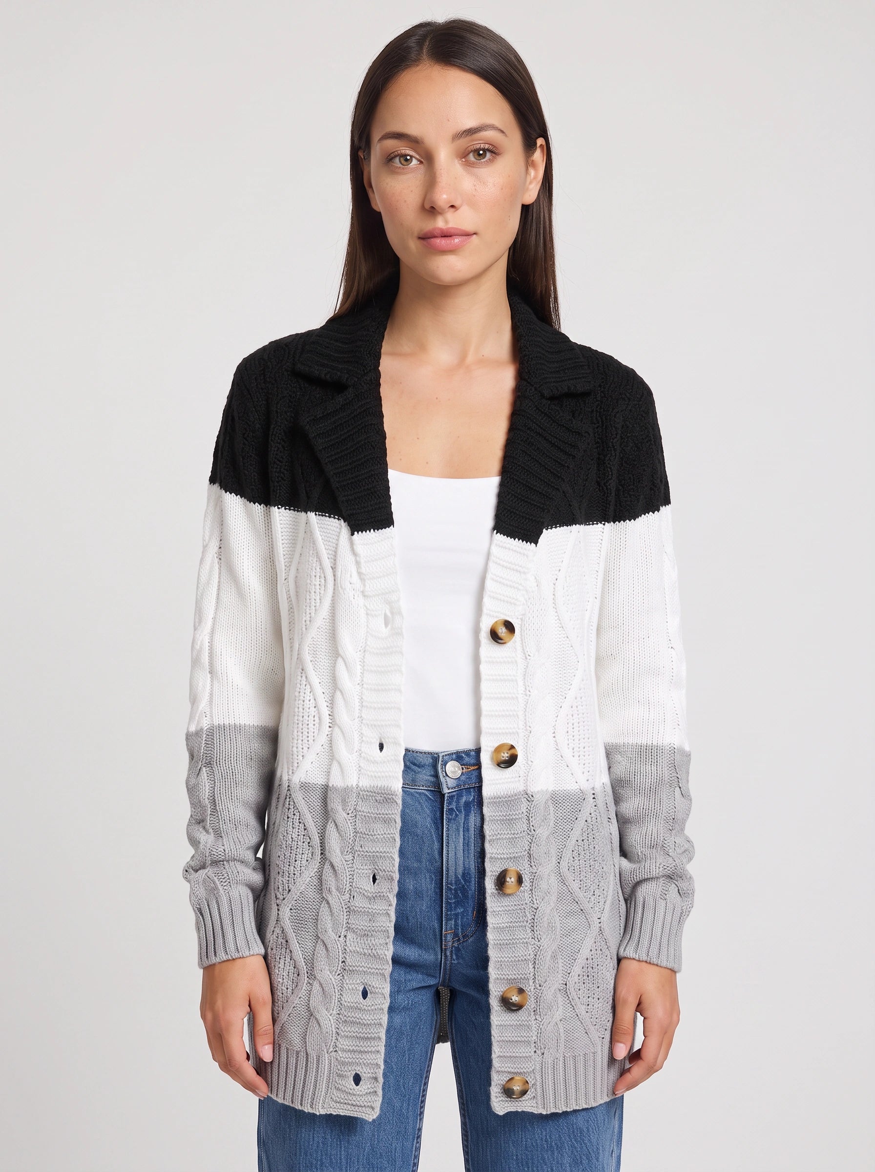 Tribloc Cable-Knit Longline Cardigan – Women Button-Front Colorblock Striped Knit Sweater Casual Winter