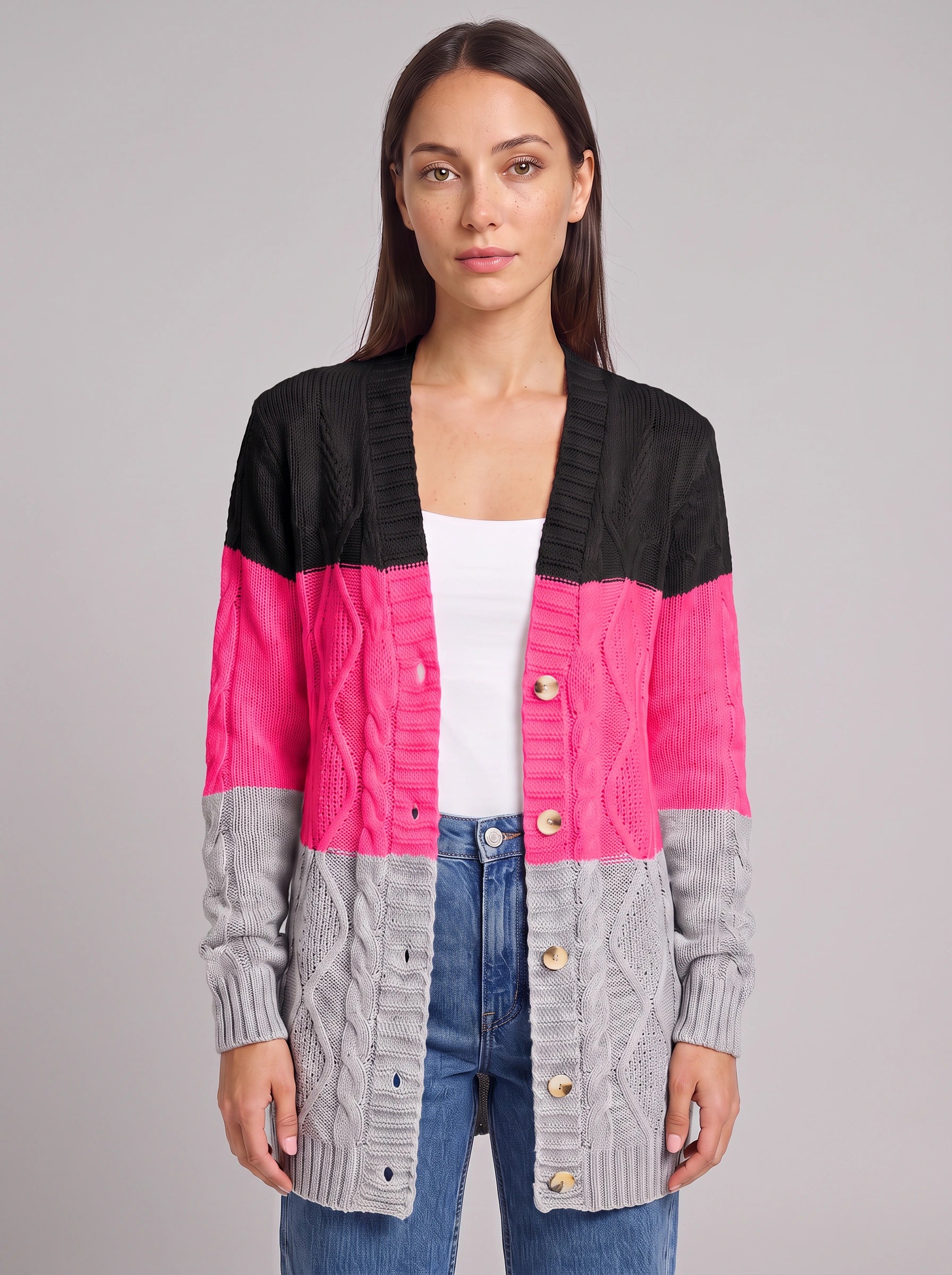 Tribloc Cable-Knit Longline Cardigan – Women Button-Front Colorblock Striped Knit Sweater Casual Winter