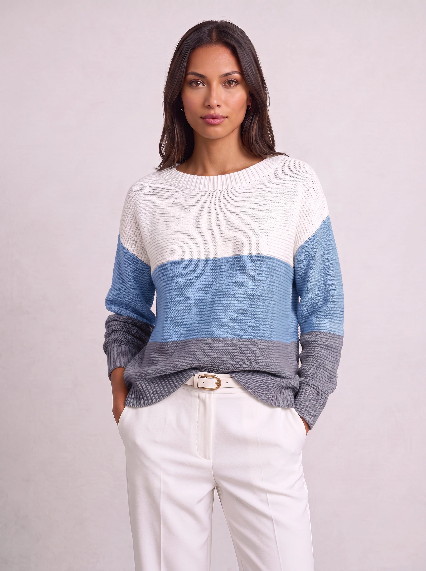 Ribmint Colorblock Knit Sweater – Women Oversized Winter Chunky Knit Pullover Casual Striped Sweater