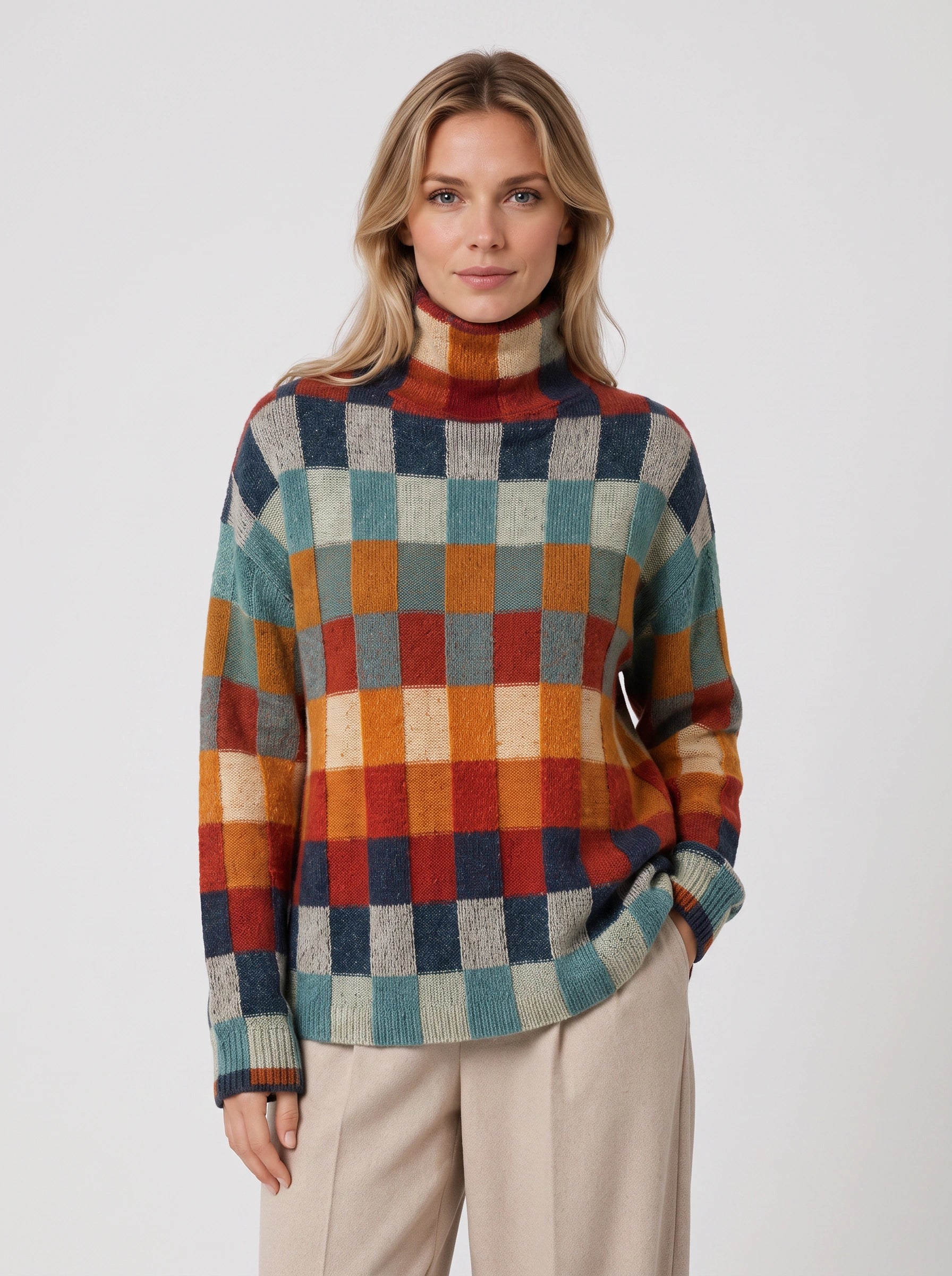 Tesselar Colorblock Knit High Neck Sweater – Women Turtleneck Winter Chunky Knit Oversized Pullover