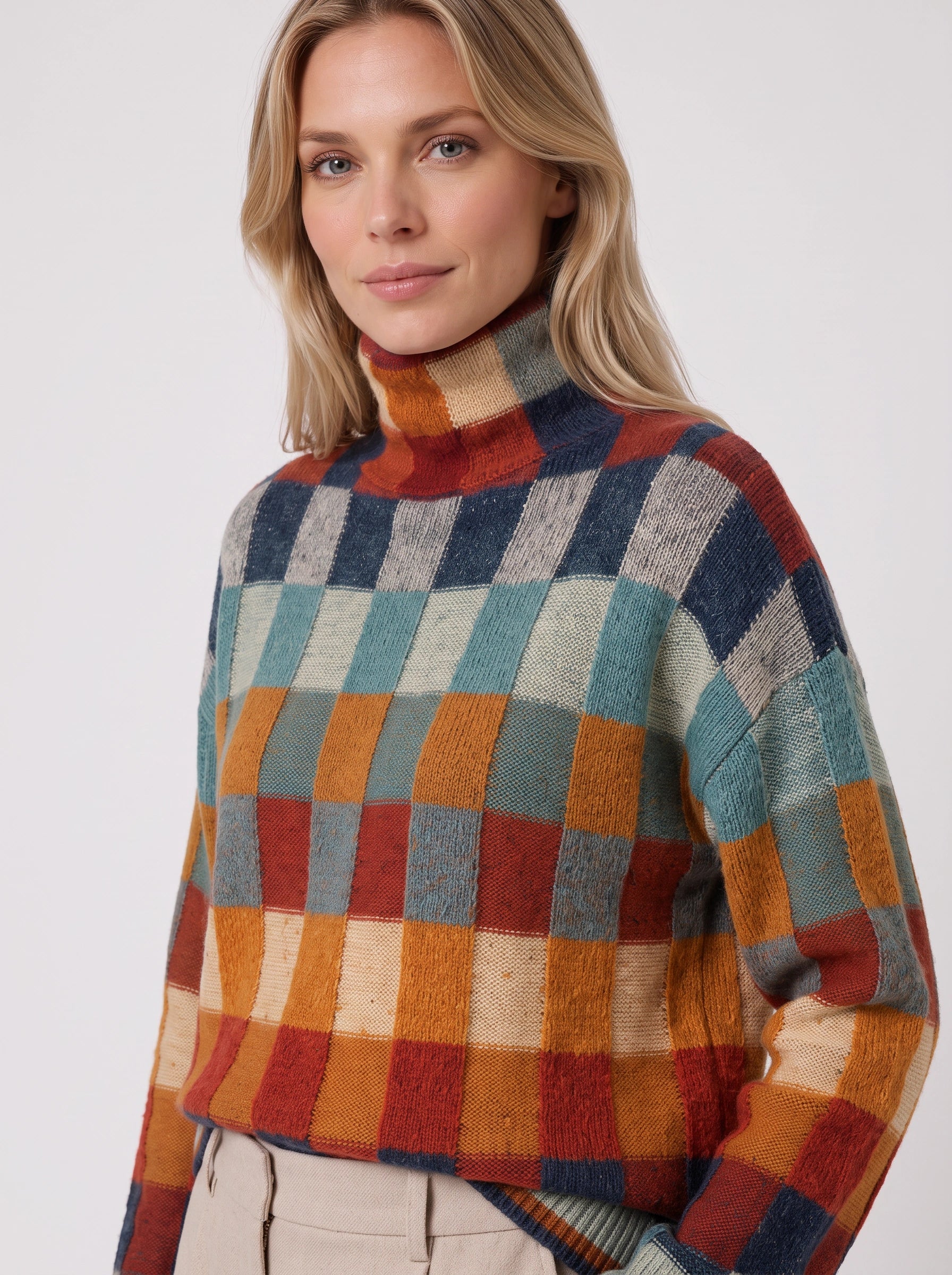 Tesselar Colorblock Knit High Neck Sweater – Women Turtleneck Winter Chunky Knit Oversized Pullover