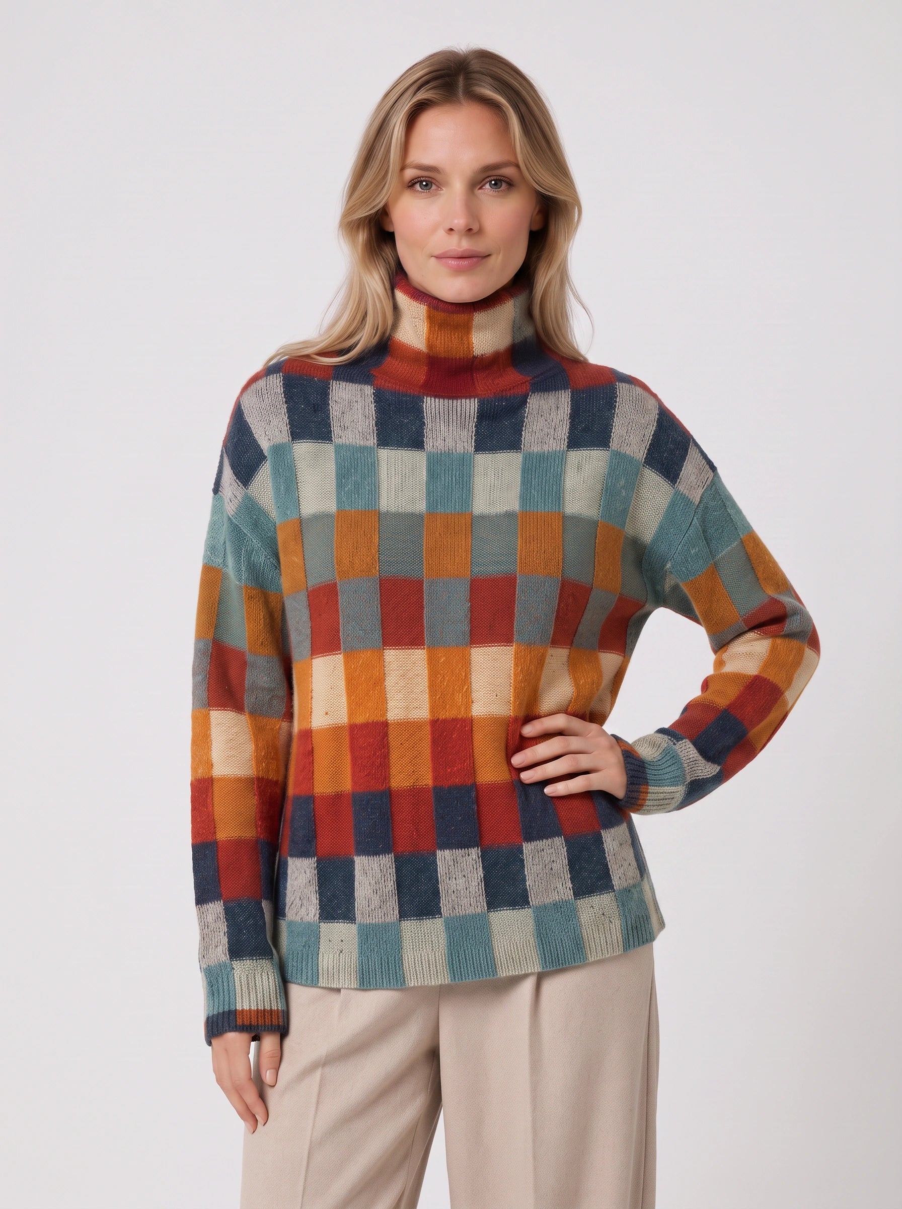 Tesselar Colorblock Knit High Neck Sweater – Women Turtleneck Winter Chunky Knit Oversized Pullover