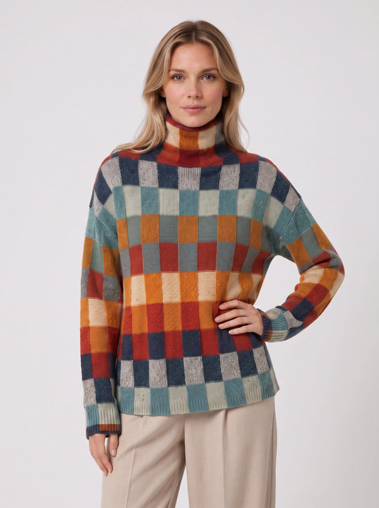 Tesselar Colorblock Knit High Neck Sweater – Women Turtleneck Winter Chunky Knit Oversized Pullover