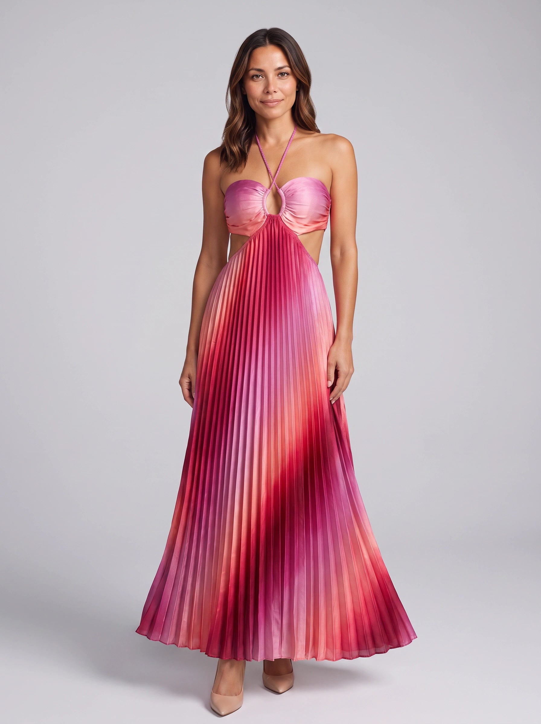Ombrift Halter Cutout Pleated Maxi Dress – Women Formal Wedding Guest Party Evening Vacation Maxi Dress