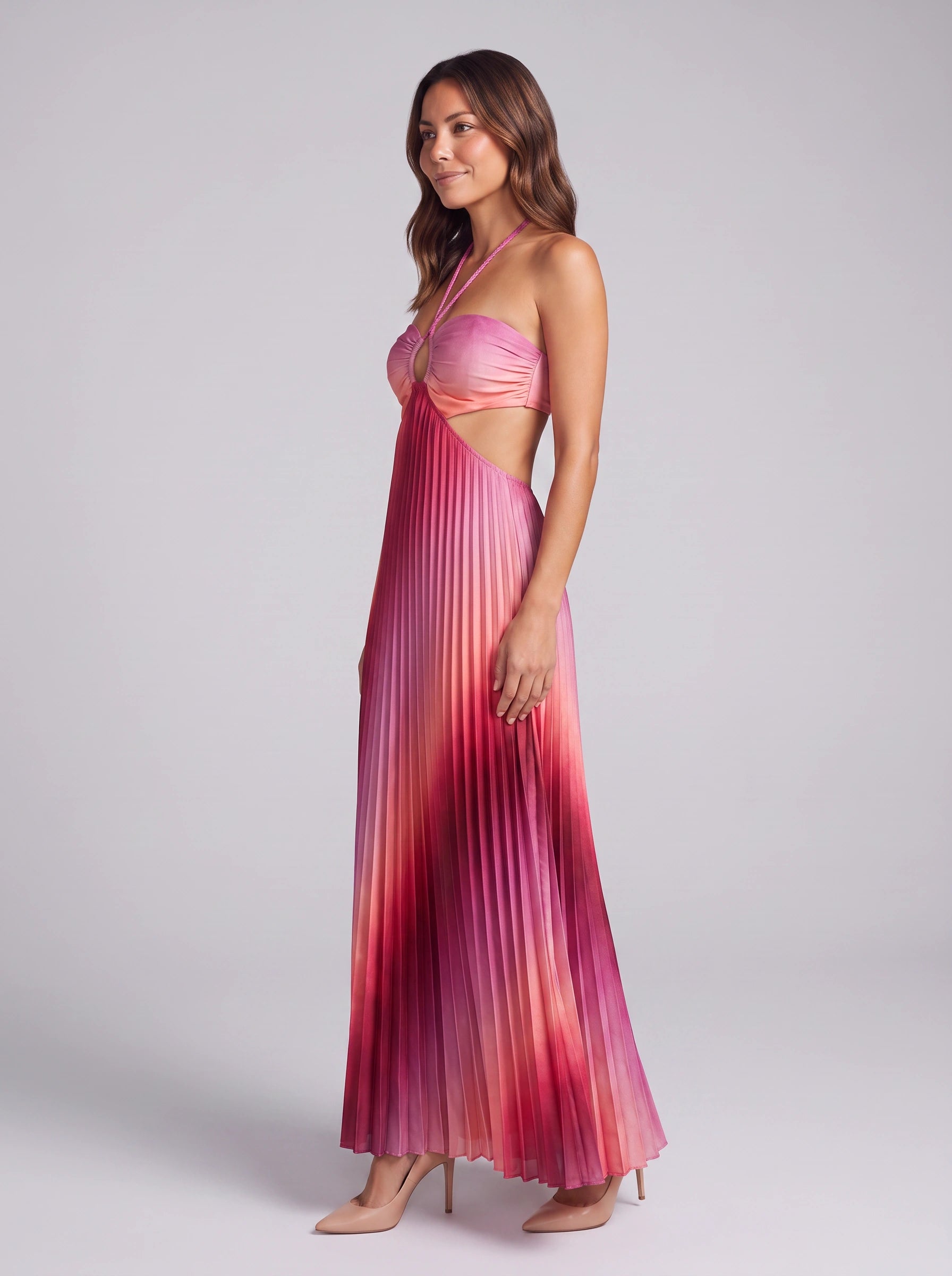 Ombrift Halter Cutout Pleated Maxi Dress – Women Formal Wedding Guest Party Evening Vacation Maxi Dress