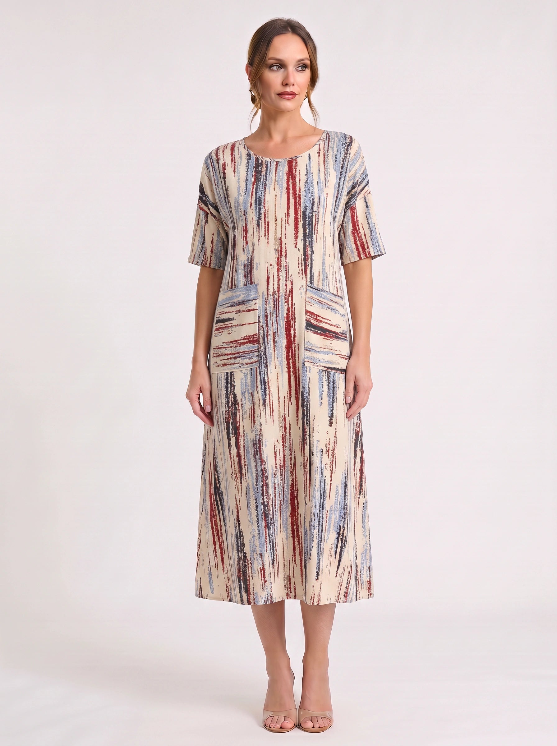 Linara Brushstroke Midi Sundress – Casual Dresses Women Beach Vacation Stripe Short Sleeve Midi Dress