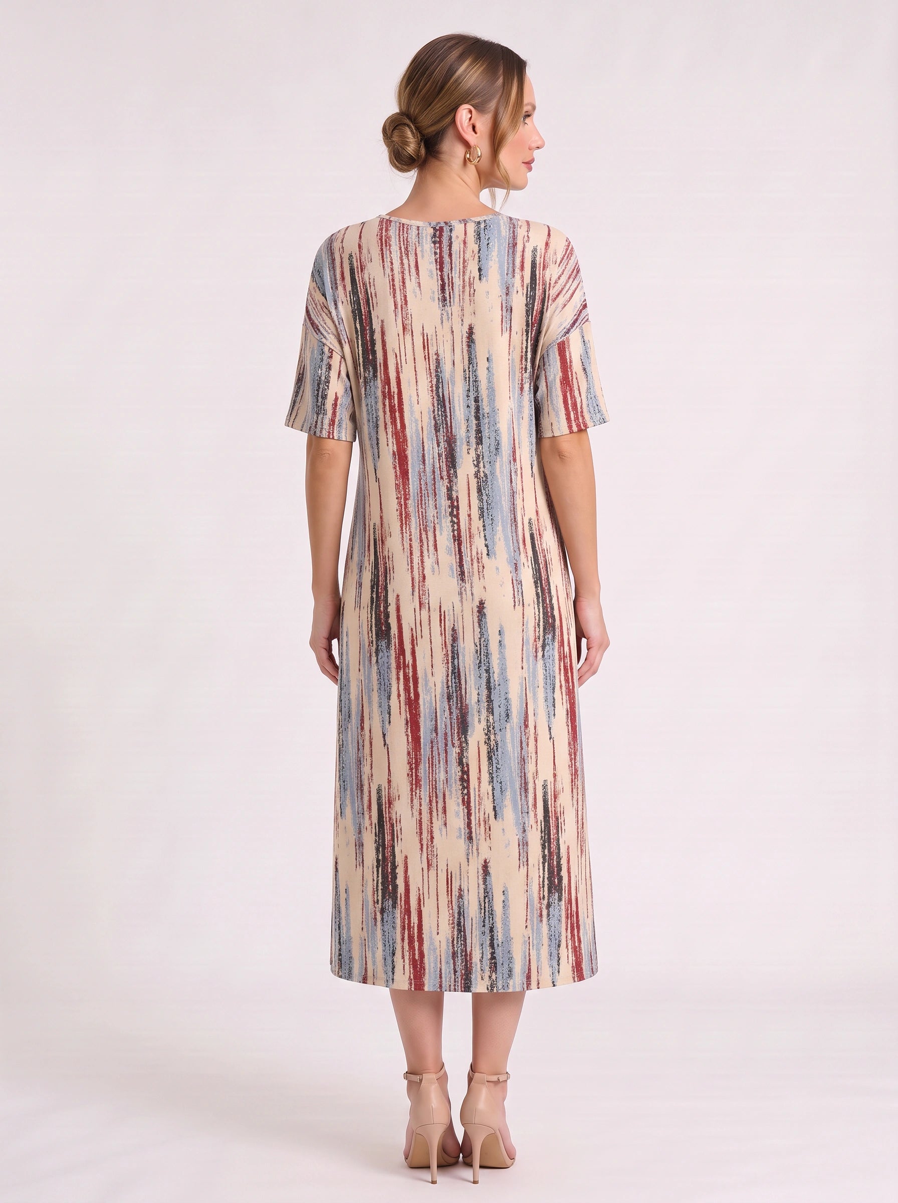 Linara Brushstroke Midi Sundress – Casual Dresses Women Beach Vacation Stripe Short Sleeve Midi Dress