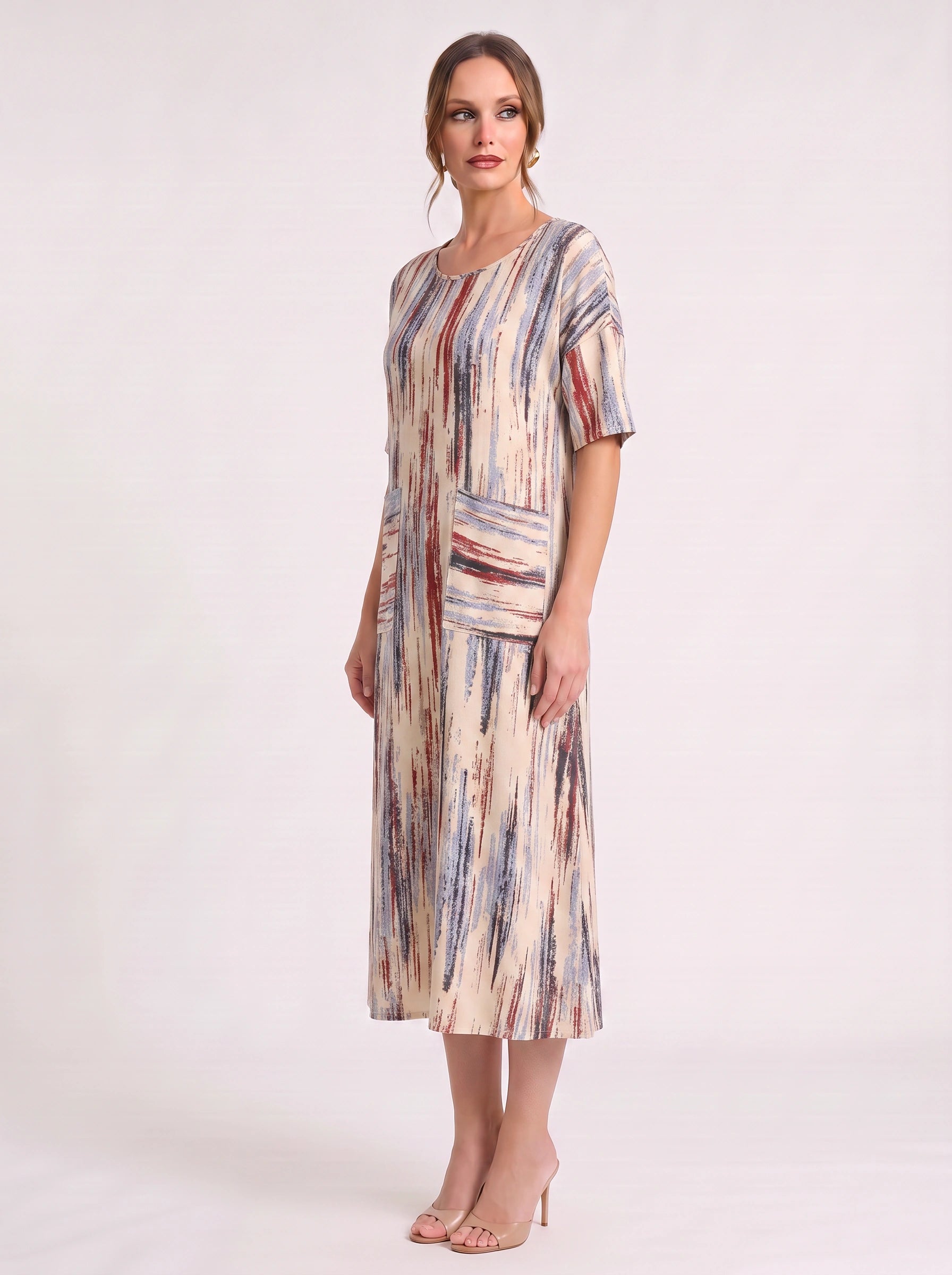 Linara Brushstroke Midi Sundress – Casual Dresses Women Beach Vacation Stripe Short Sleeve Midi Dress