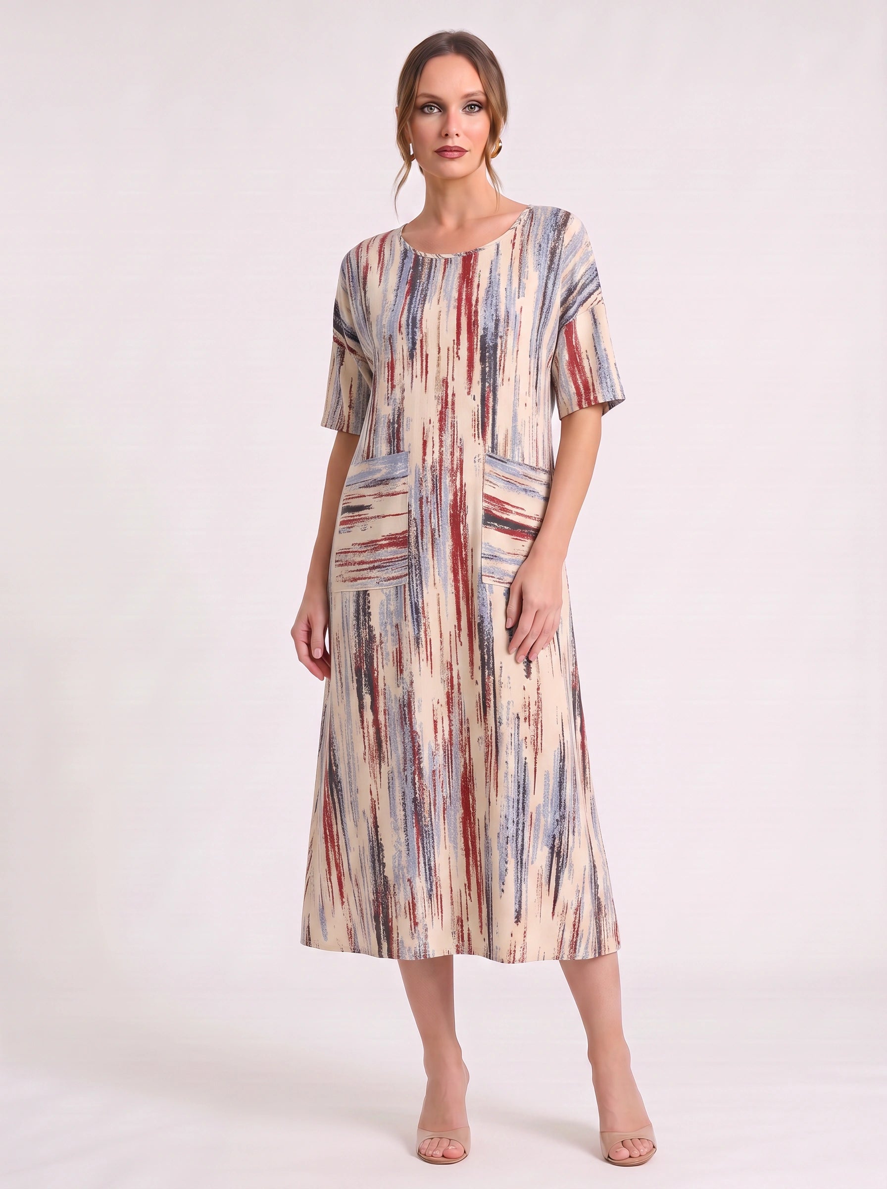 Linara Brushstroke Midi Sundress – Casual Dresses Women Beach Vacation Stripe Short Sleeve Midi Dress